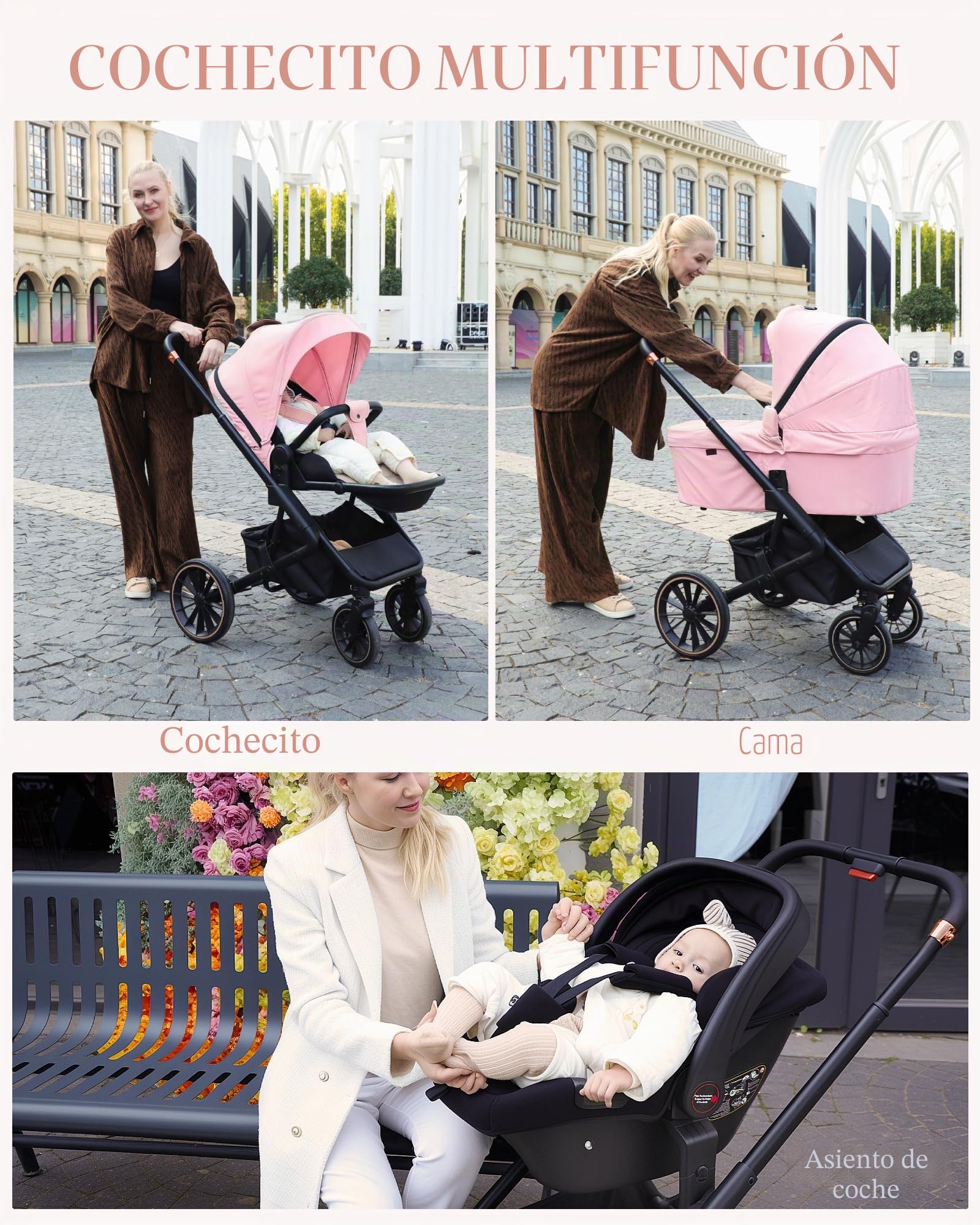 Carrito bebe 3 en 1, carro bebe con dos modos deslizantes reversibles, silla de paseo con marco de aleación de aluminio, juego completo 3 en 1 diseño plegable con un solo toque-Rosa