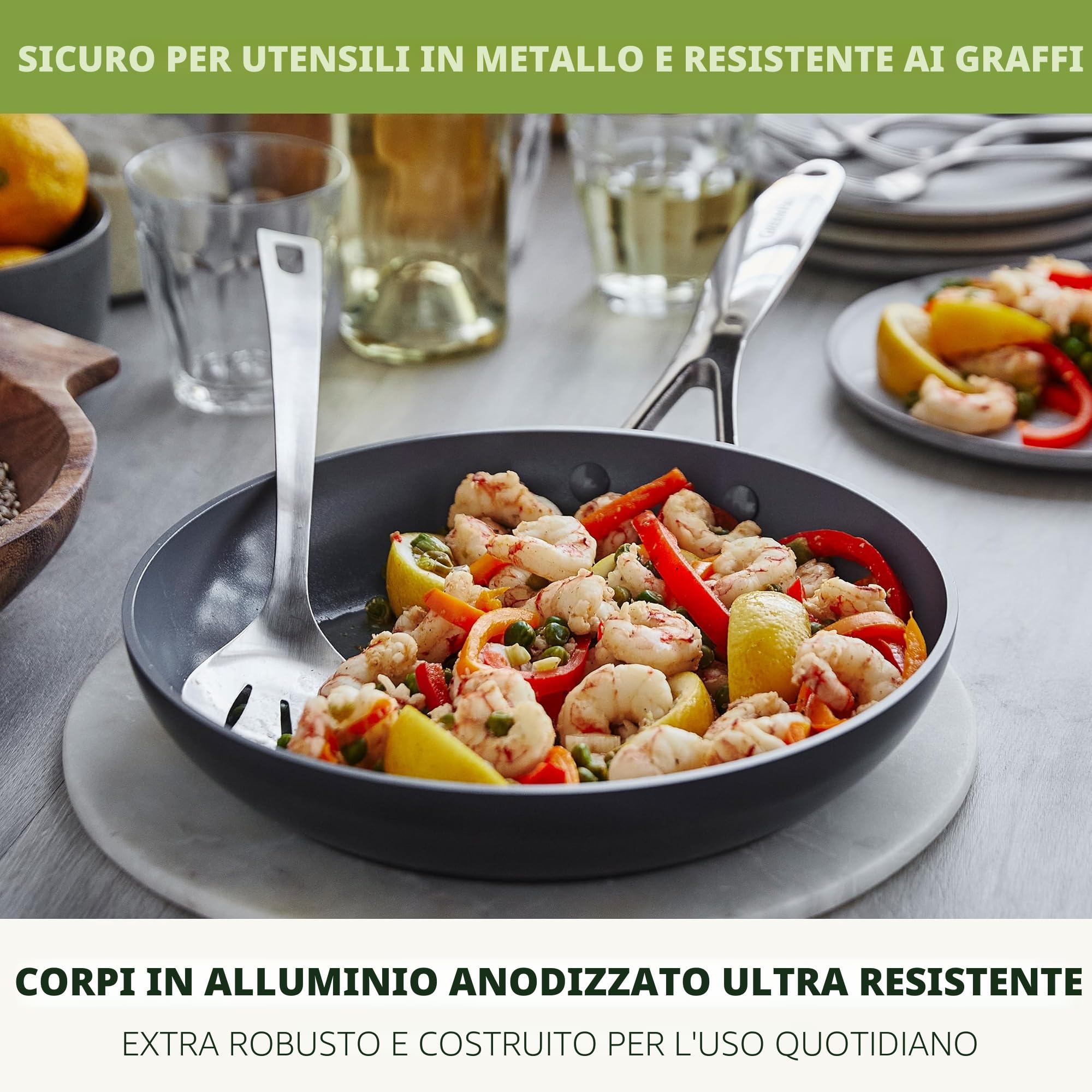 GreenPan Valencia Pro - Set di 3 padelle in ceramica antiaderente anodizzata dura da 20,3 cm, 24,1 cm e 27,9 cm, adatte a induzione, pentole senza PFA, lavabili in lavastoviglie, utilizzabili in forno