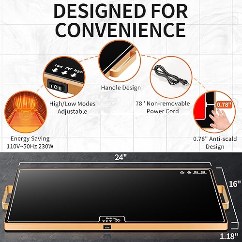 Miniatura 3 de Tapete de calentamiento de alimentos (XL 24 x 16 pulgadas), calentadores de alimentos para fiestas, bufé y uso diario, superficie completa, cálida