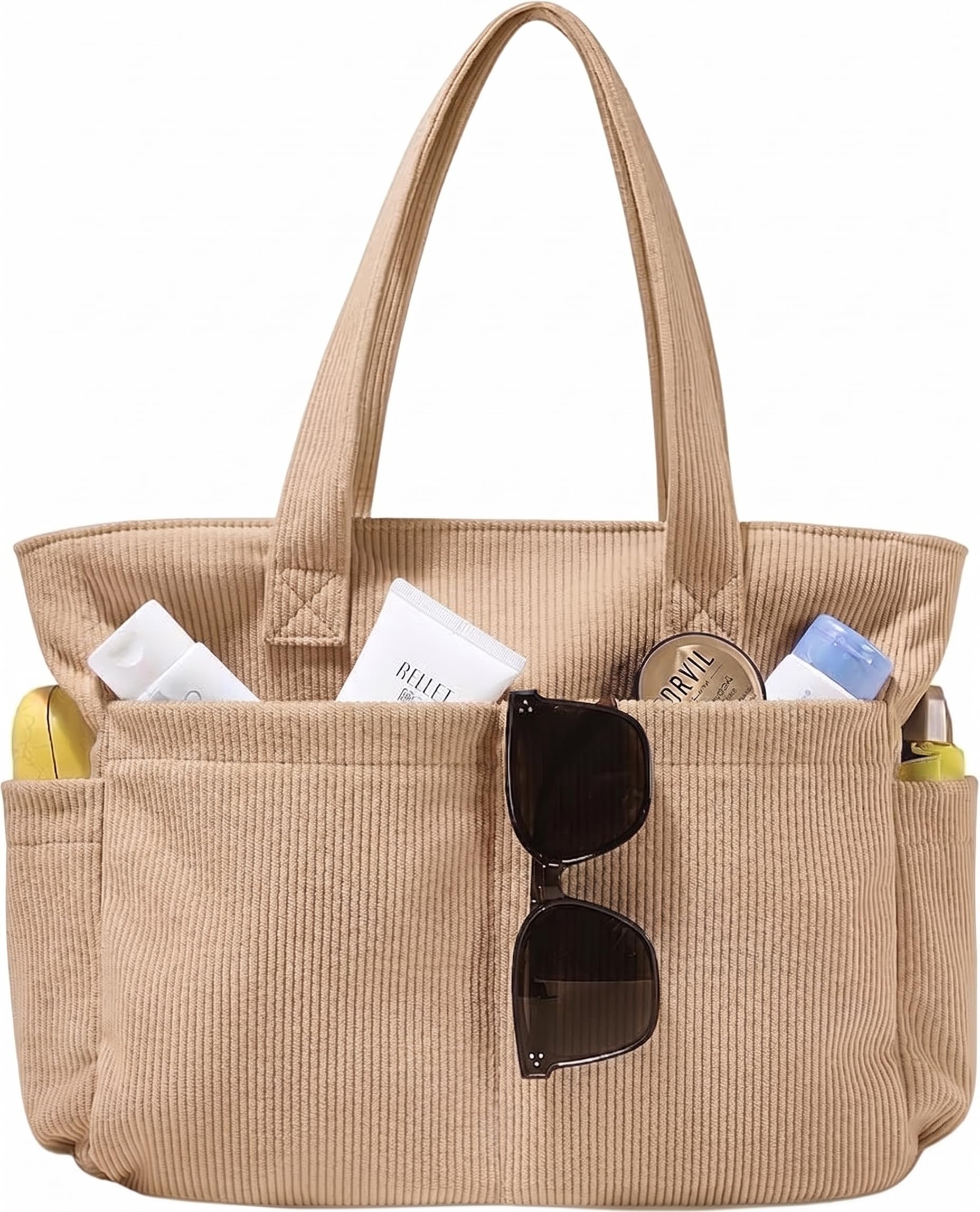 LOTEZAVA Cordtasche Damen Strandtasche Einkaufstasche Große Tote Bag Umhängetasche mit Reißverschluss Mehrere Taschen Handtasche für Arbeit Schule Reisen und Alltag