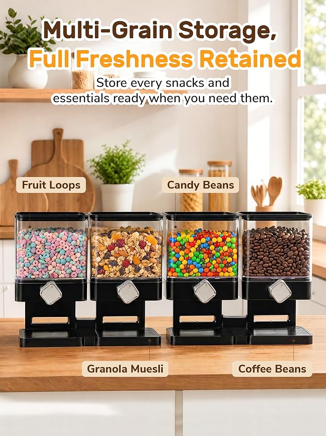 Dispensador Dual para Cereal, Contenedor de Almacenamiento de 7.4L | 2 Compartimentos de 3.7L, Dispensador Giratorio para Cereales, Avena, Arroz y Snacks miniatura 8