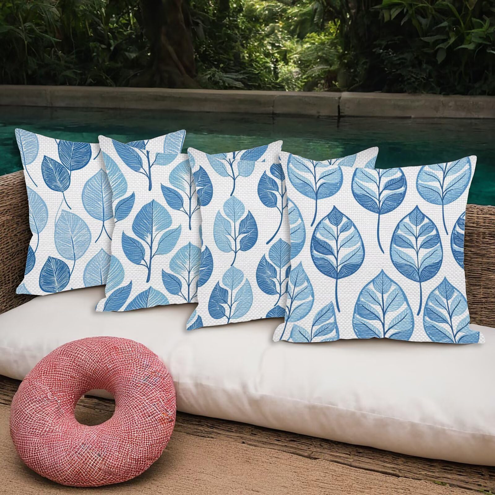 Outdoor Kissenbezug 65x65cm 4er Set Outdoor Wetterfest Kissenbezüge Blau Wasserdichte Leinen Dekorative Kissenhülle Frühling Sommer Zierkissenbezug für Balkon Terrasse Bett Garten Deko (Blätter) O-08