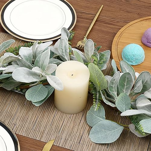 Miniatura 4 de SHACOS - Paquete de 2 unidades de 3.6 m de guirnalda artificial de orejas de cordero con hojas de helecho de eucalipto, guirnalda de vegetación