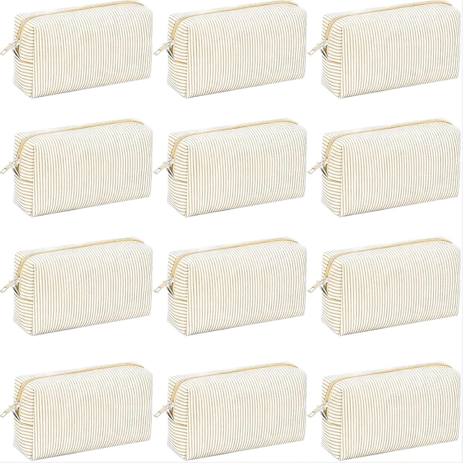 12 PACK Makeup Bags-Bulk Seersucker Cosmetic Bag for Women Bridesmaid Gifts Makeup Pouch for Wedding Party Favors Bachelorette Party Decorations Travel Toiletry Organizer Graduation Gift(12, Khaki)
