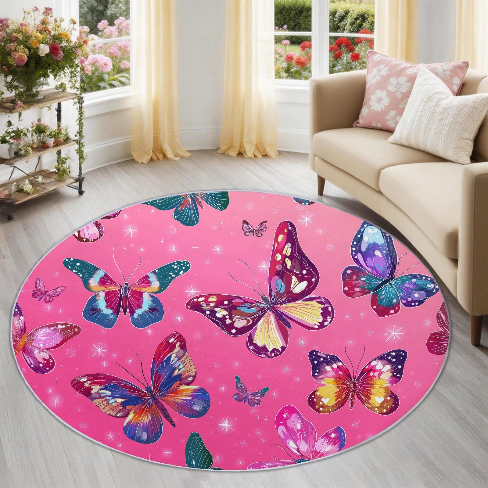 Alfombra Redonda 100 cm Rosa Onírico Lindo Animal Mariposa, Alfombra Pelo Corto para Salón, Dormitorio y Oficina, Antideslizante y Lavable, Apta para Robot Aspirador, Suelo
