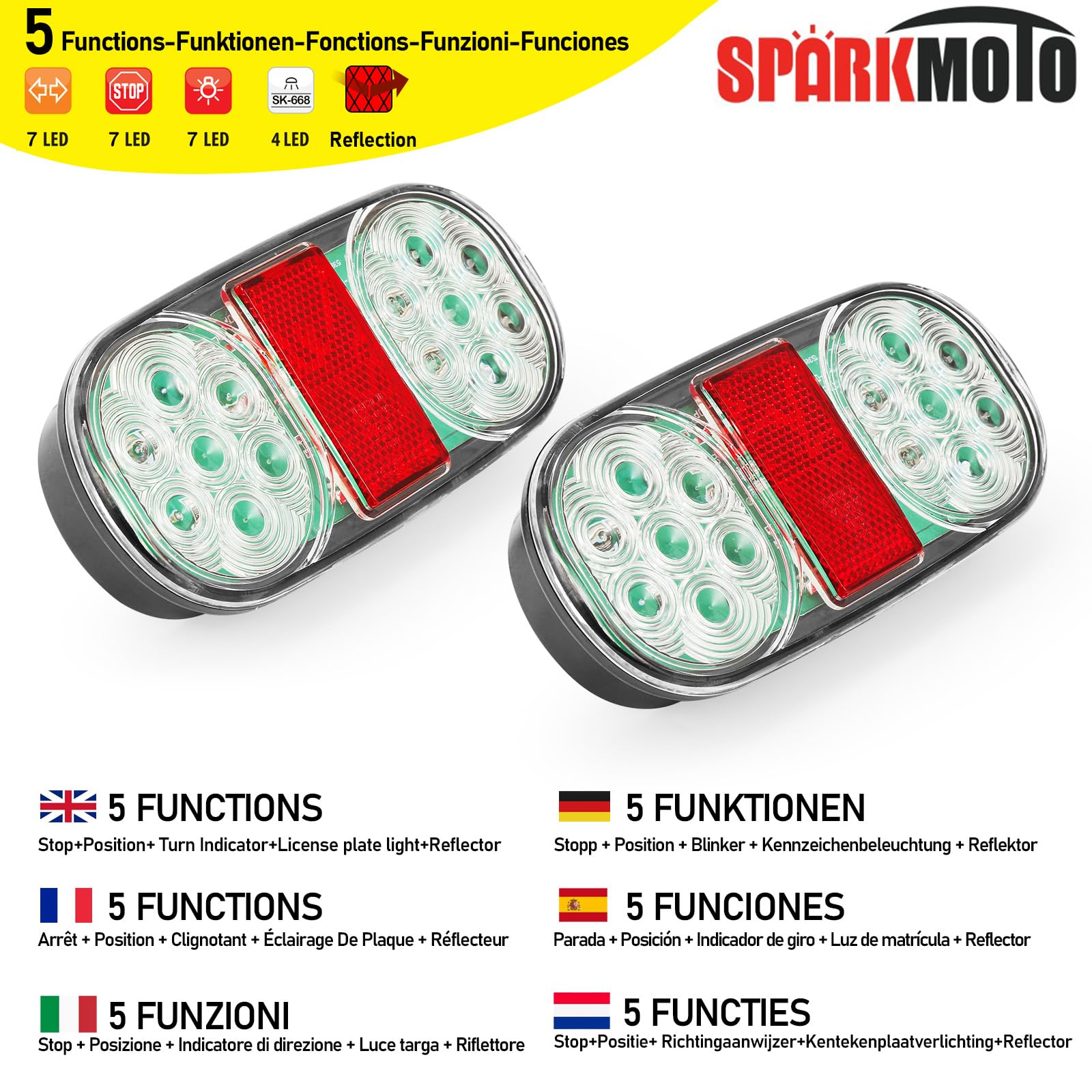 2 x tylne światła LED do przyczepy, 12 V, 5 funkcji LED, światła tylne, ze światłami hamowania, kierunkowskazami, światłami pozycyjnymi, oświetleniem tablicy rejestracyjnej, reflektorem