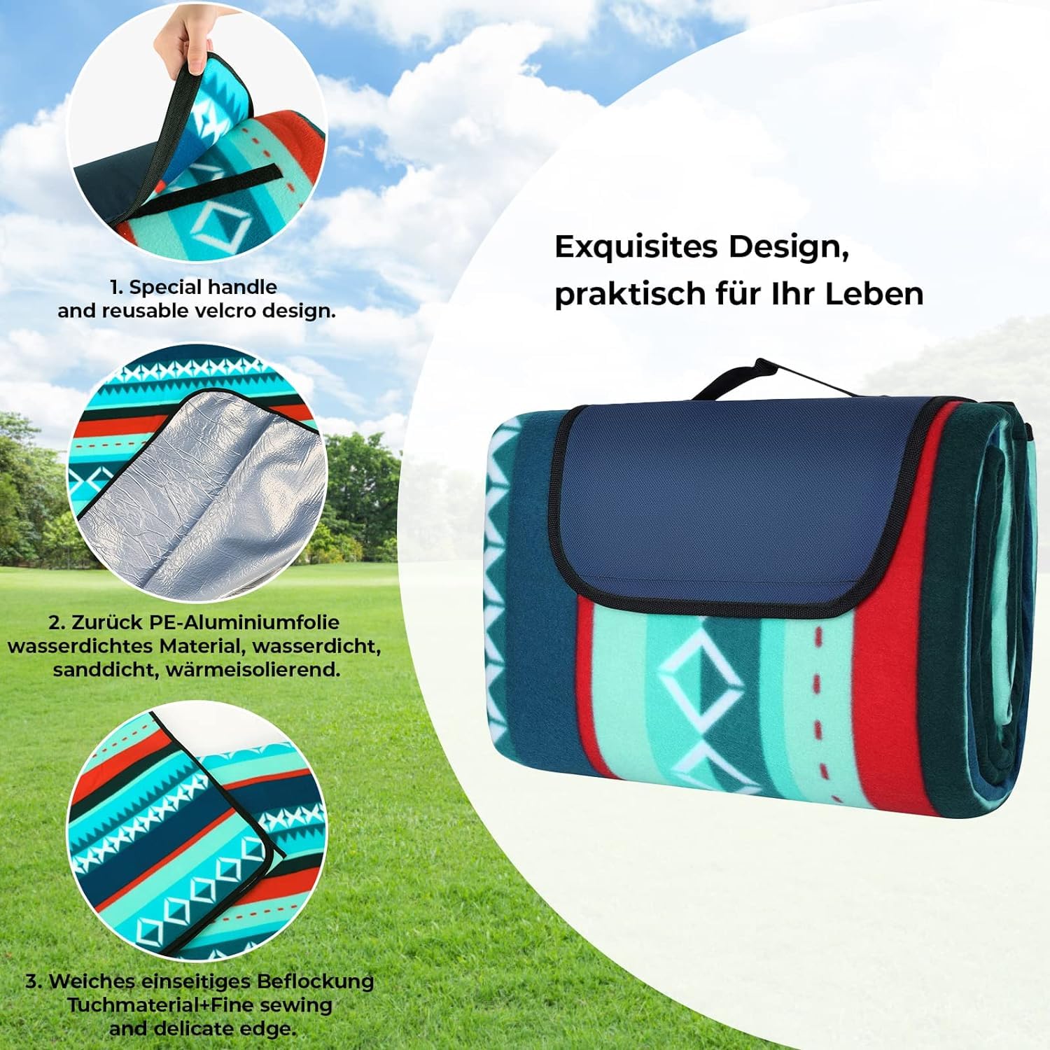 Clevich Picknickdeken, waterdicht, 300 x 300 cm, fleece, campingdeken met geïsoleerde onderkant, outdoor deken, XXL met draaggreep, voor picknick, wandelen, BBQ, reizen, groen