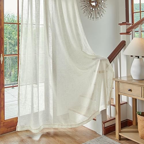 Miniatura 2 de 2 paneles de cortinas traslúcidas de lino beige natural de 84 pulgadas de largo para sala de estar, cortinas con bolsillo con pestaña trasera,