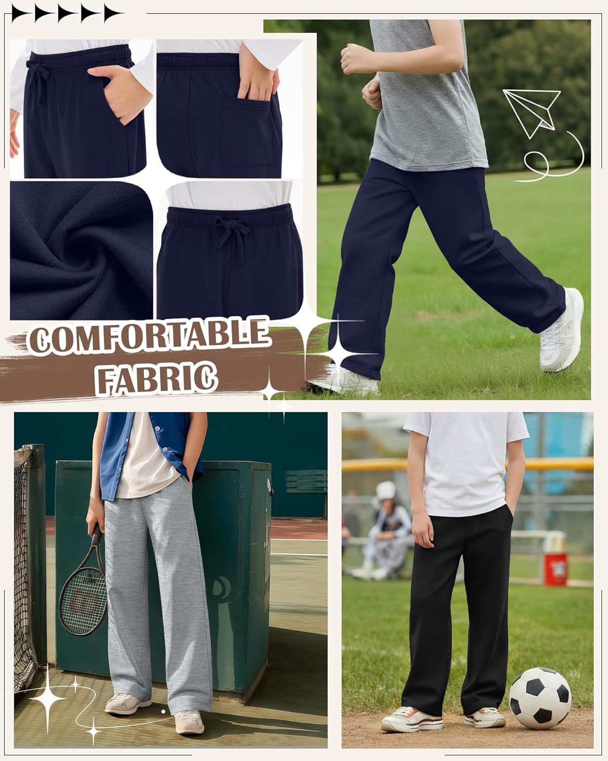 4 Pack Boys Sweatpants Athletic Straight Leg Pants Kids Open Bottom Lightweight Drawstring Joggers with Pockets