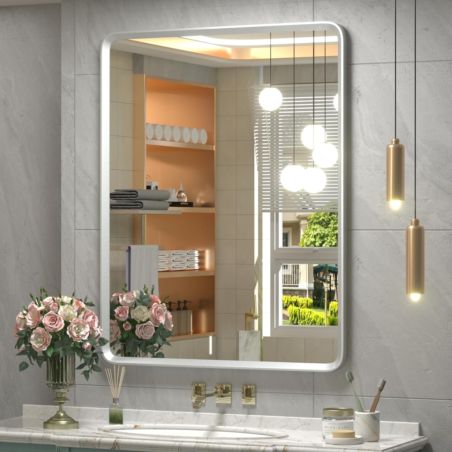 24x32 Silver Bathroom Mirror, Silver Vanity Mirror for Wall, Rounded Rectangle Mirror with Beveled Border, Anti-Rust, Polished, Shatterproof (Horizontal/Vertical) Silver 32"L x 24"W