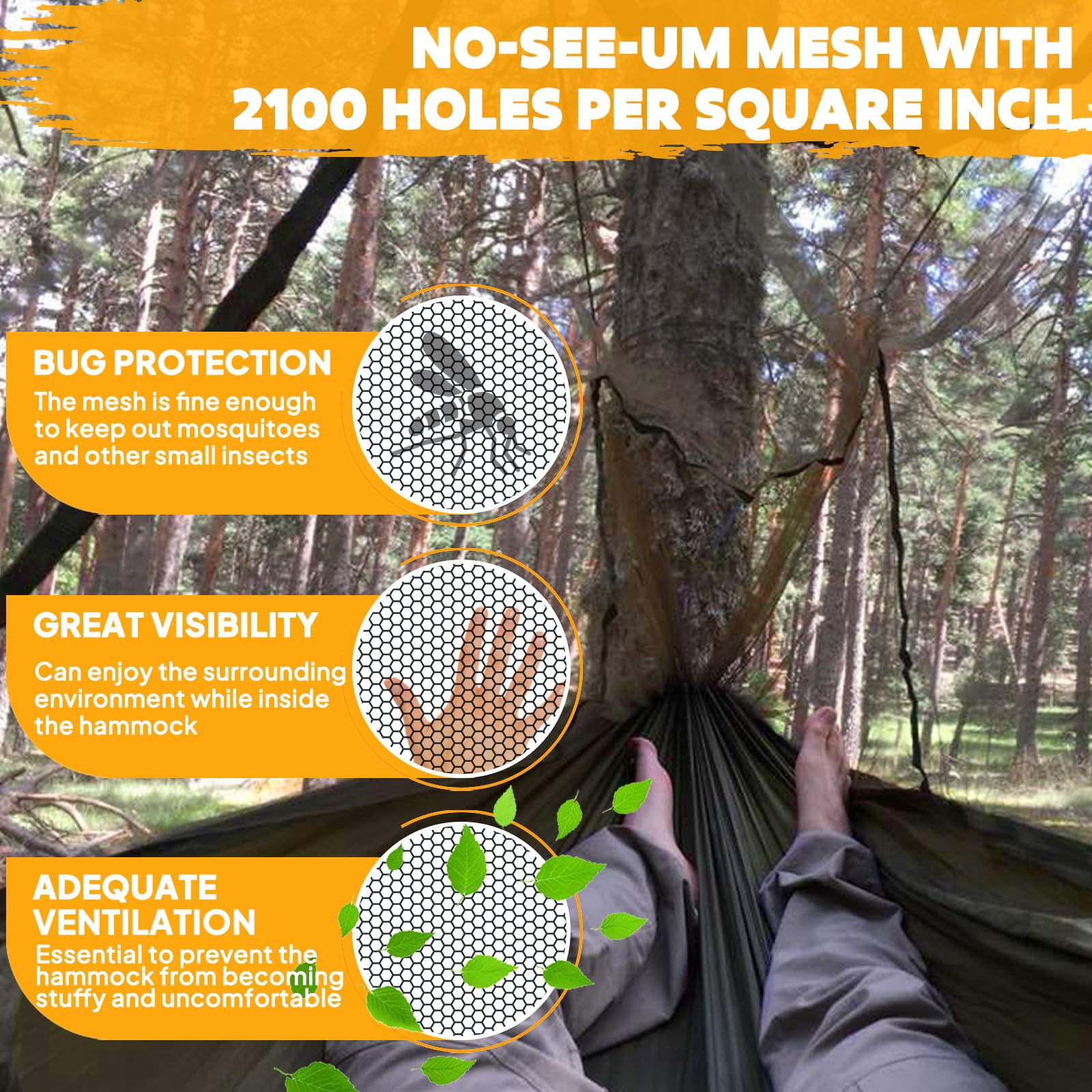 NatureFun Ultraleichte Moskito Netz Camping Hängematte (300 X 200 cm) 300kg Tragfähigkeit,Atmungsaktiv, schnell trocknende Fallschirm Nylon Enthalten 2 x Premium Karabinerhaken 4 x Nylonschlingen