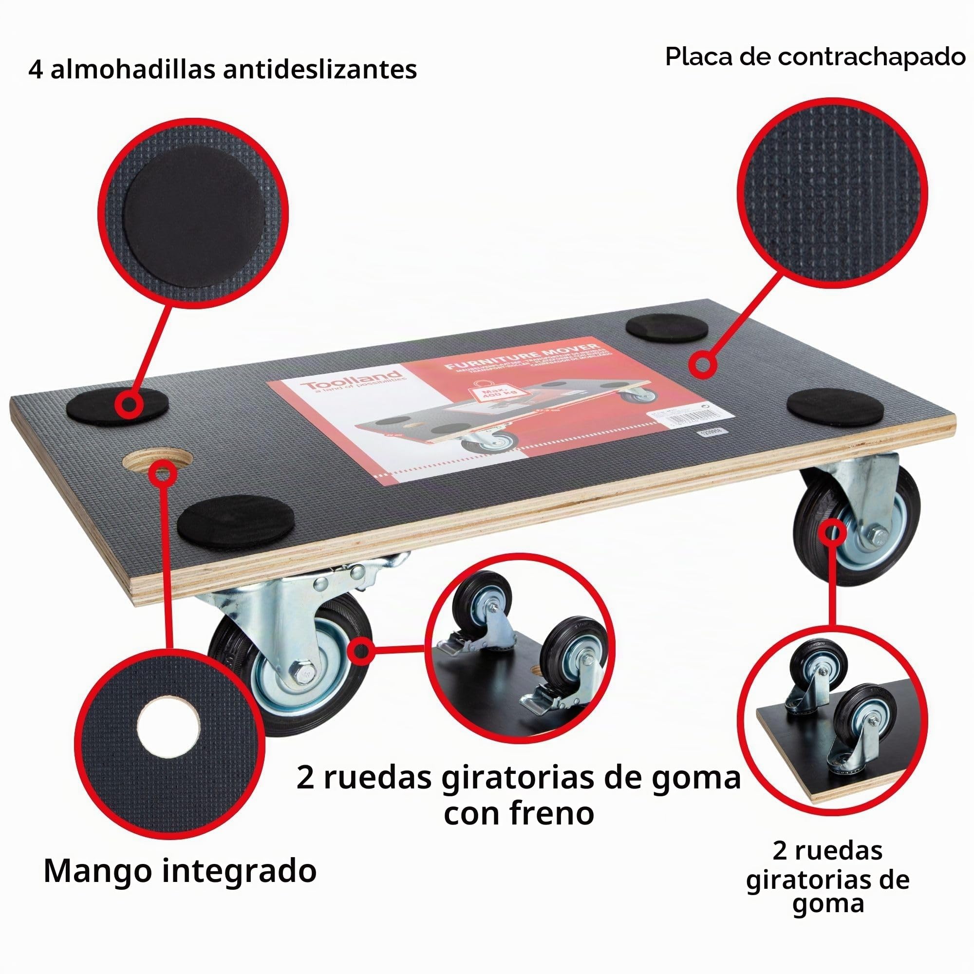 Toolland - Bandeja enrollable con freno, mango integrado, 4 ruedas giratorias, capacidad de carga 400 kg