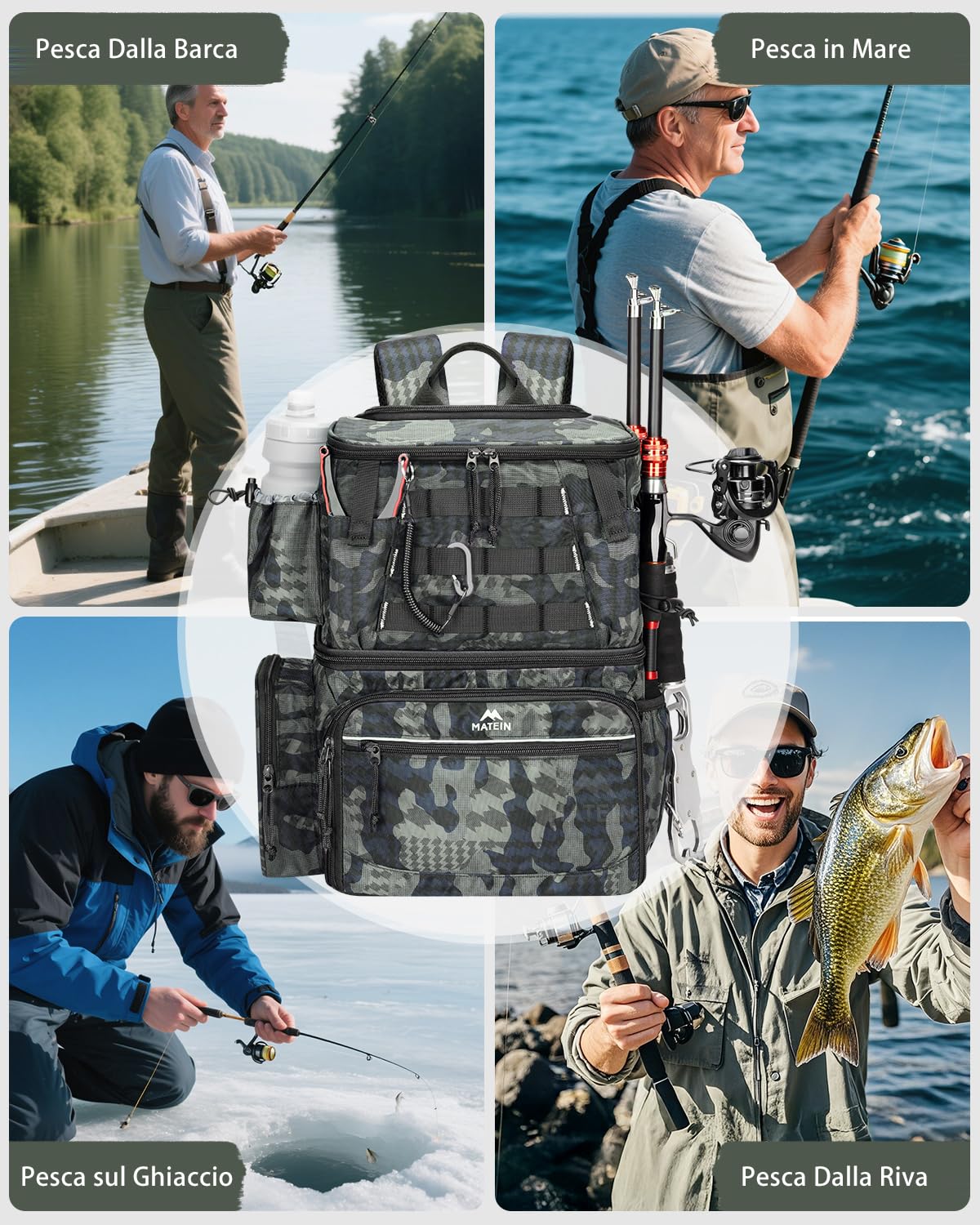 MATEIN Zaino Pesca con Scatole e Portacanna