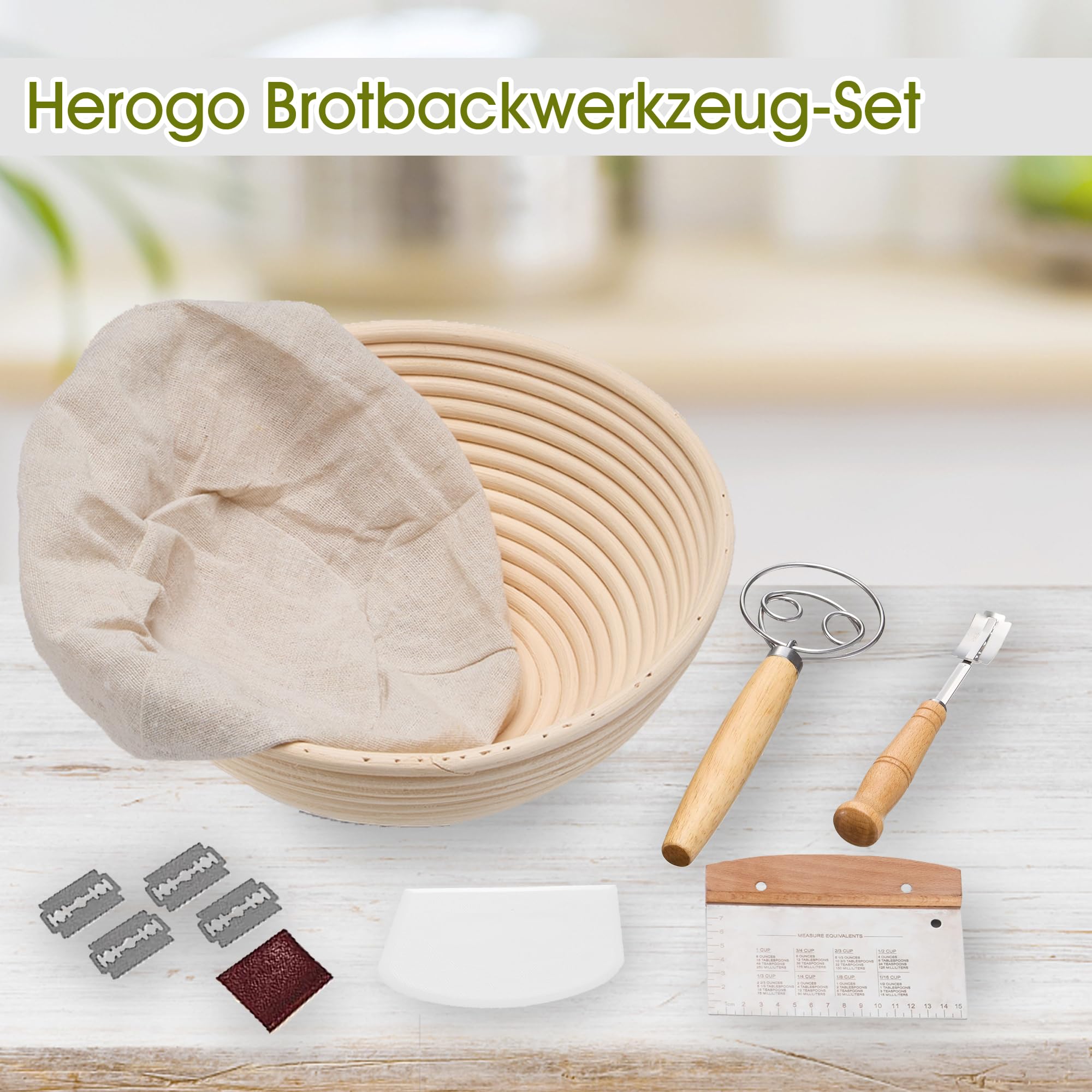 Zestaw Herogo do garowania chleba, 6-częściowy Kosz do pieczenia chleba, 23 cm okrągły i 25 cm owalny kosz do garowania dla początkujących, kompletny zestaw akcesoriów piekarskich w tym trzepaczka do