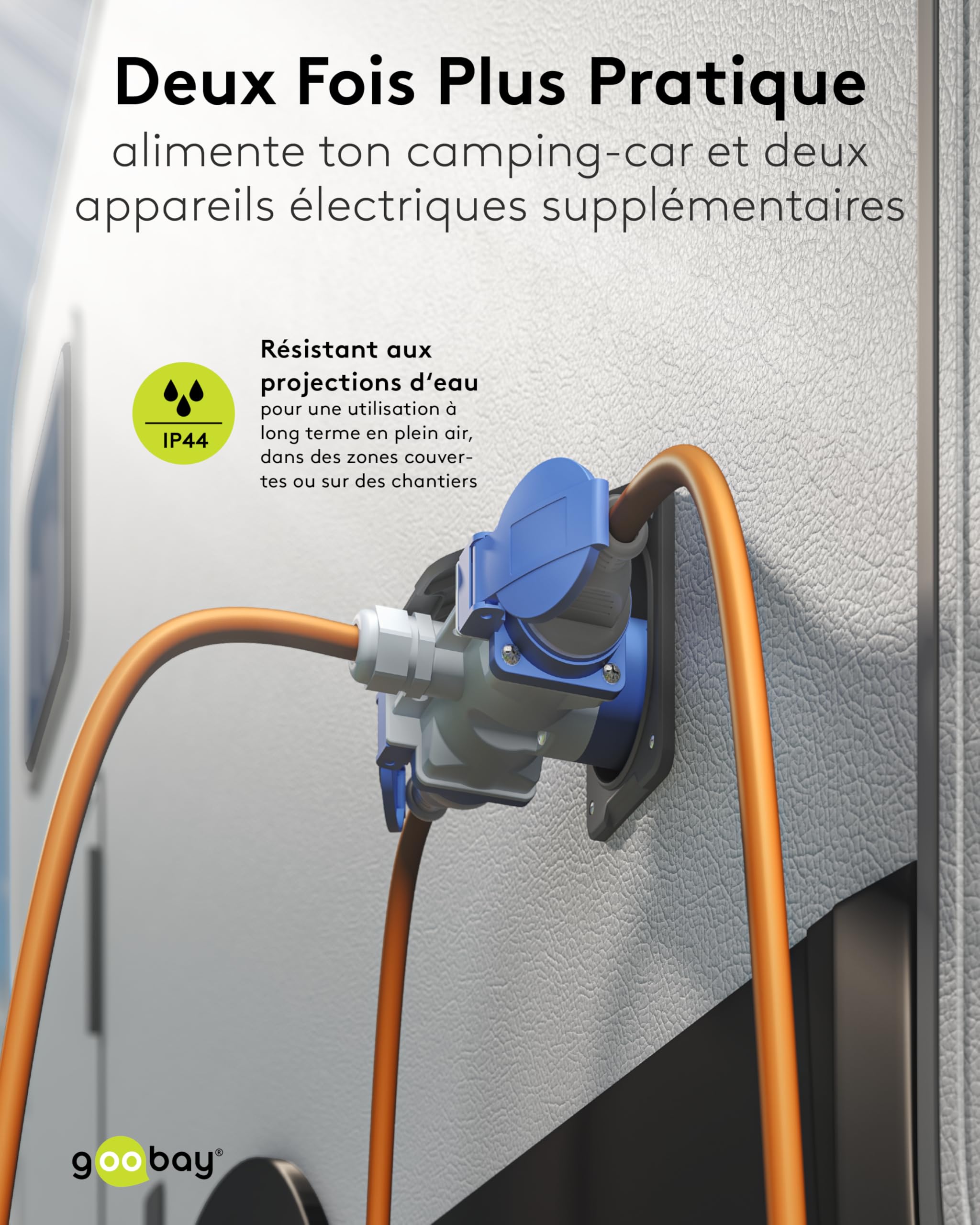 goobay Câble Adaptateur CEE pour Caravane, 10 m, Prise CEE vers 1 Prise CEE et 2 Prises avec Contact de Protection, IP 44, câble de Camping, Camping-Car et travaux 76266
