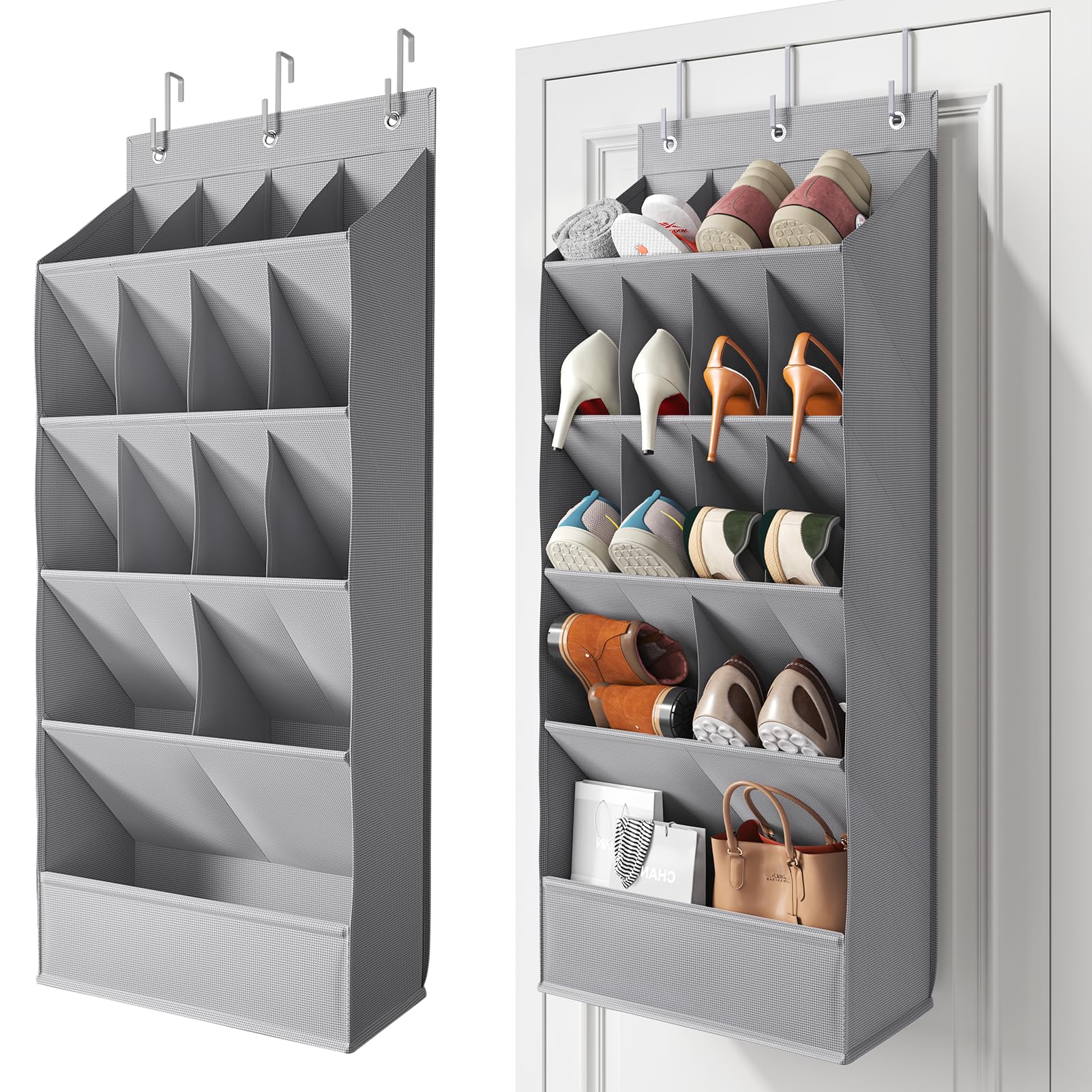 Mefirt 18 Pairs Over the Door Shoe Organizer, Shoe Rack for Closet with Large Breathable Pockets, Hanging Shoes Rack for Boots, Behind the Door Organizer Shoe Holder for Categorized Storage, Grey