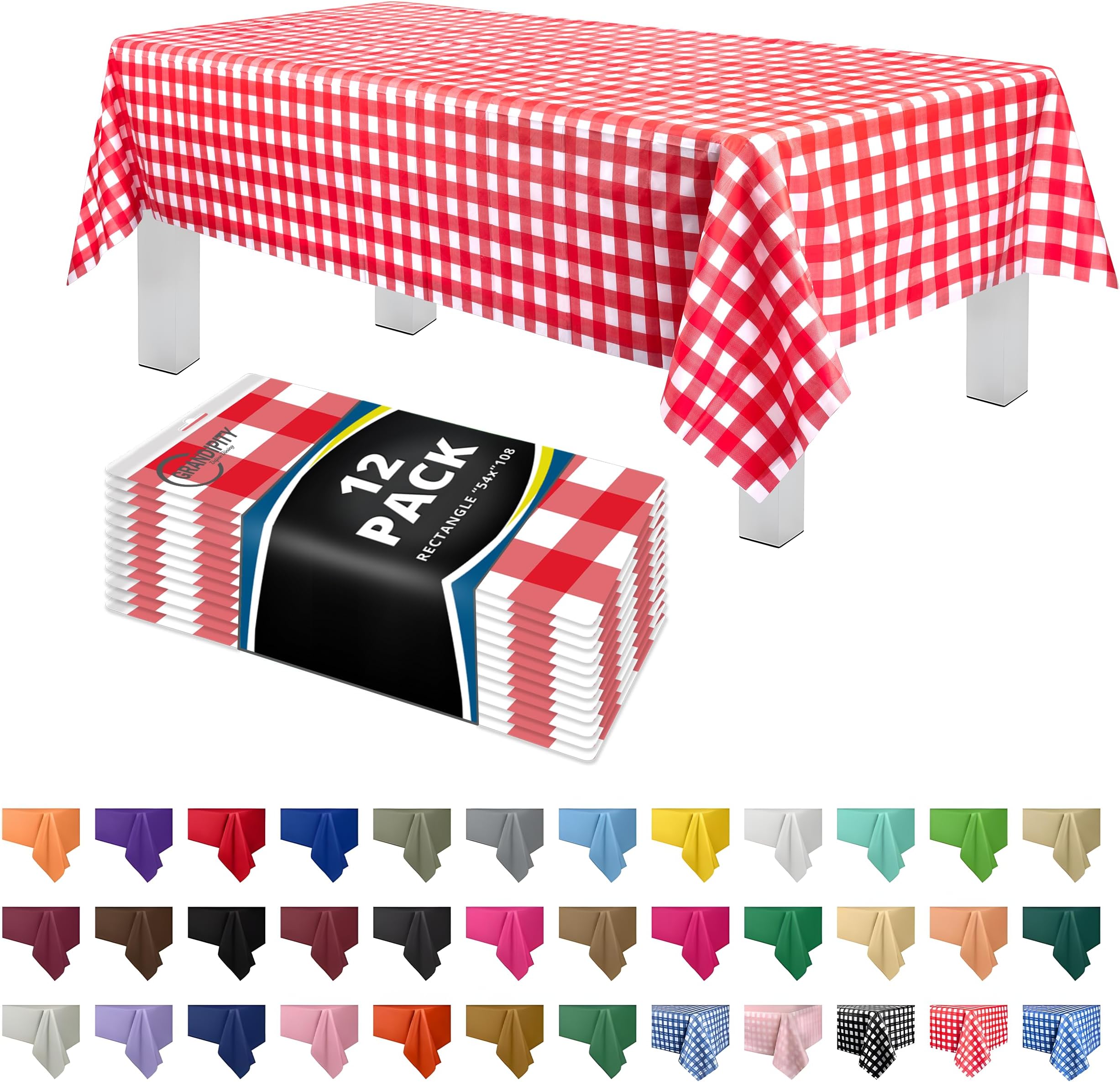 12 Pack Premium Disposable Plastic Picnic Tablecloth 54 Inch. x 108 Inch. Decorative Rectangle Table Cover - Red Checkered Gingham