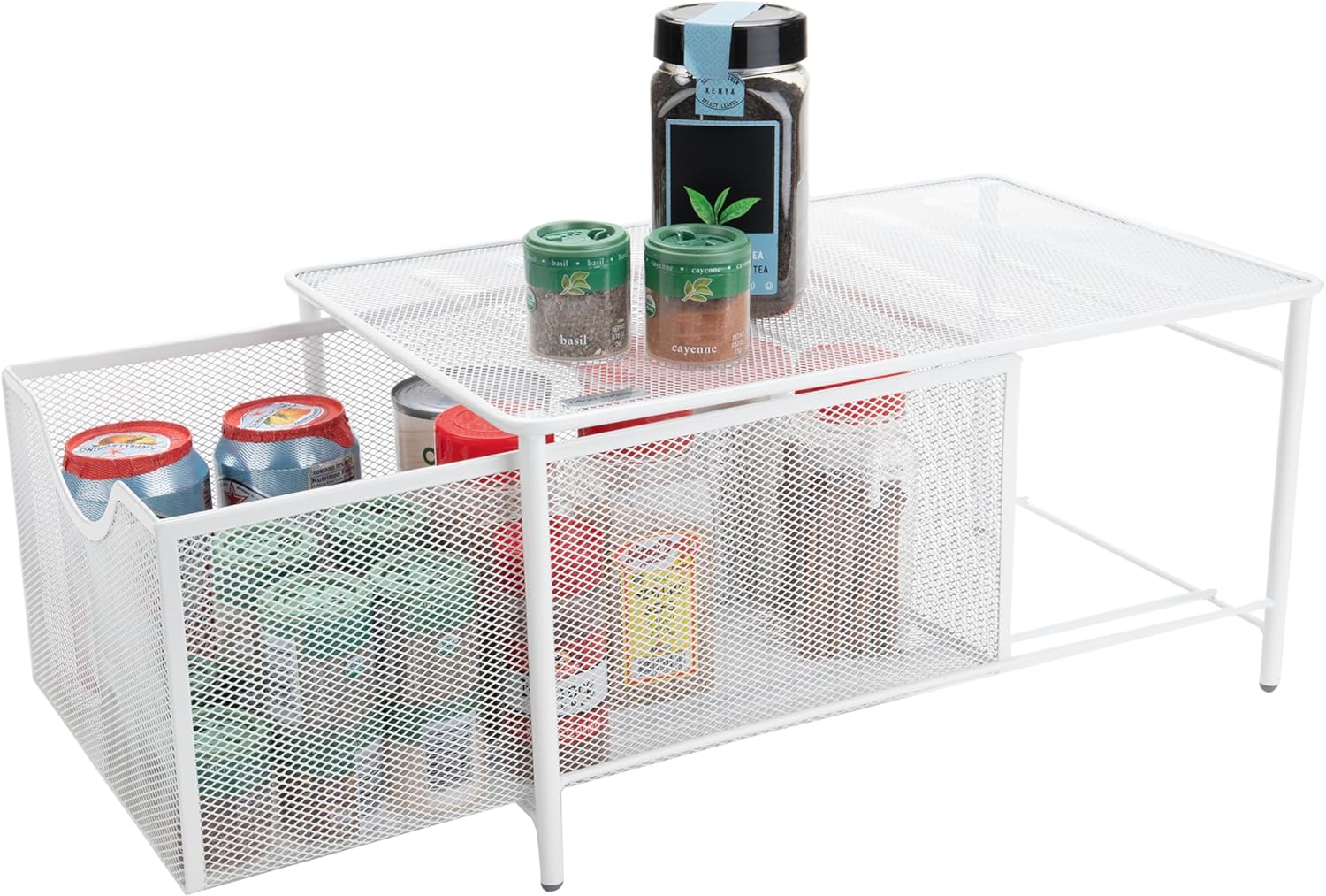 Mind Reader Accessory Organizer, Supply Storage, Makeup, Crafts, Office, Kitchen, Metal Mesh, 10.25"L x 16.25"W x 8"H, White White 1 Count (Pack of 1)