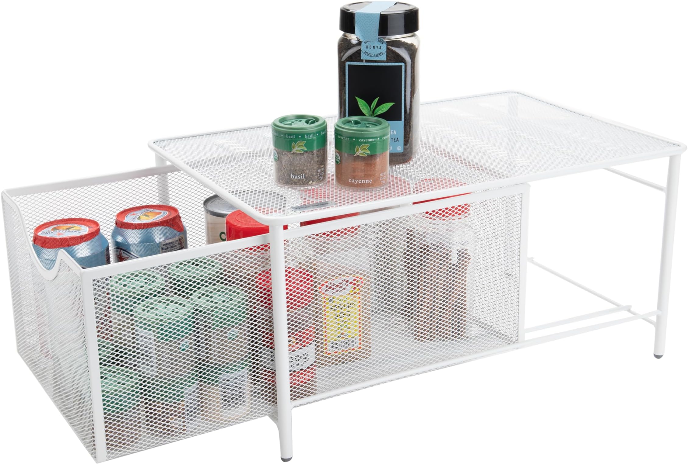 Mind Reader Storage Basket and Organizer [METAL MESH] 3-Compartment Pull-out/Sliding Organizing Drawer, Under the Sink Kitchen and Bathroom Shelf Cabinet (WHITE)