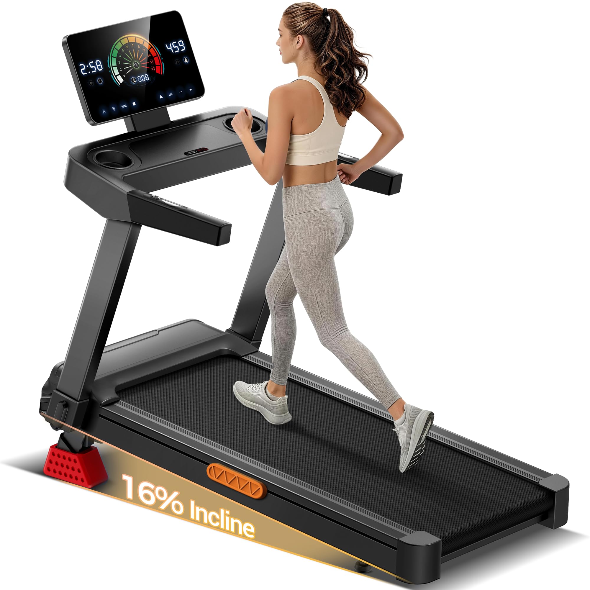 CURSOR Laufband für Zuhause mit 20% Automatischer Steigung, 14 KM/H | 14 KM/H Laufbänder mit 4-stufig verstellbarer Konsole, 3.5 HP Treadmill for Home mit LED-Anzeige, Max. 180 KG