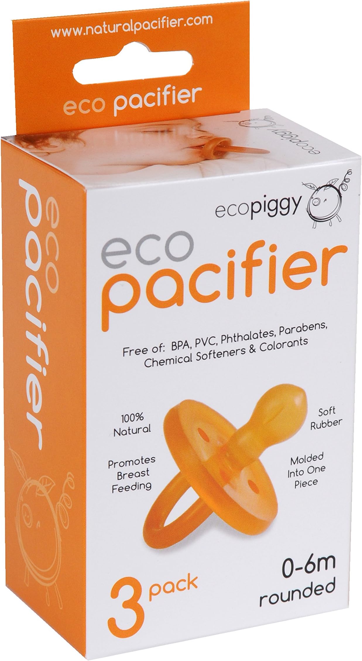 Ecopiggy Ecopacifier Natural Pacifier Rounded (3 pack) 0-6 Months