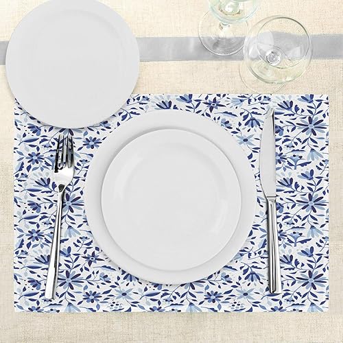 Miniatura 390 de Ambesonne Juego de 4 manteles individuales amarillos y azules, diseño de flores de primavera, flores vibrantes, manteles individuales de tela Azul