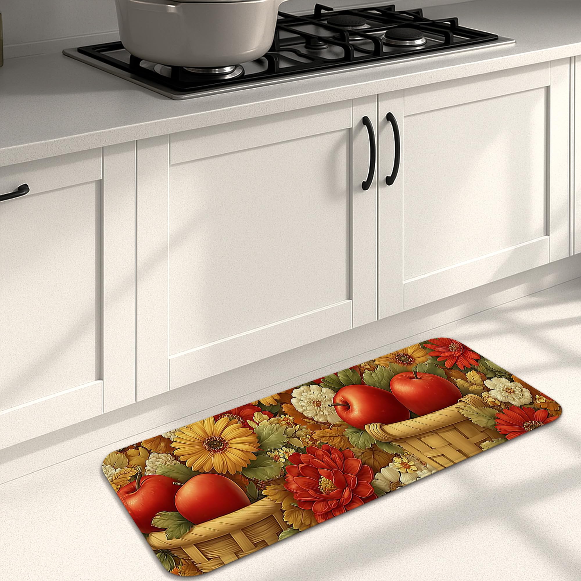 Fruit Kitchen Mats for Floor, Colorful Apples Floral Vintage Soft Mats, Cushioned Comfort Washable Non Slip Decor Rugs for Kitchen Sinks Laundryroom Bathroom 16x47 Inch