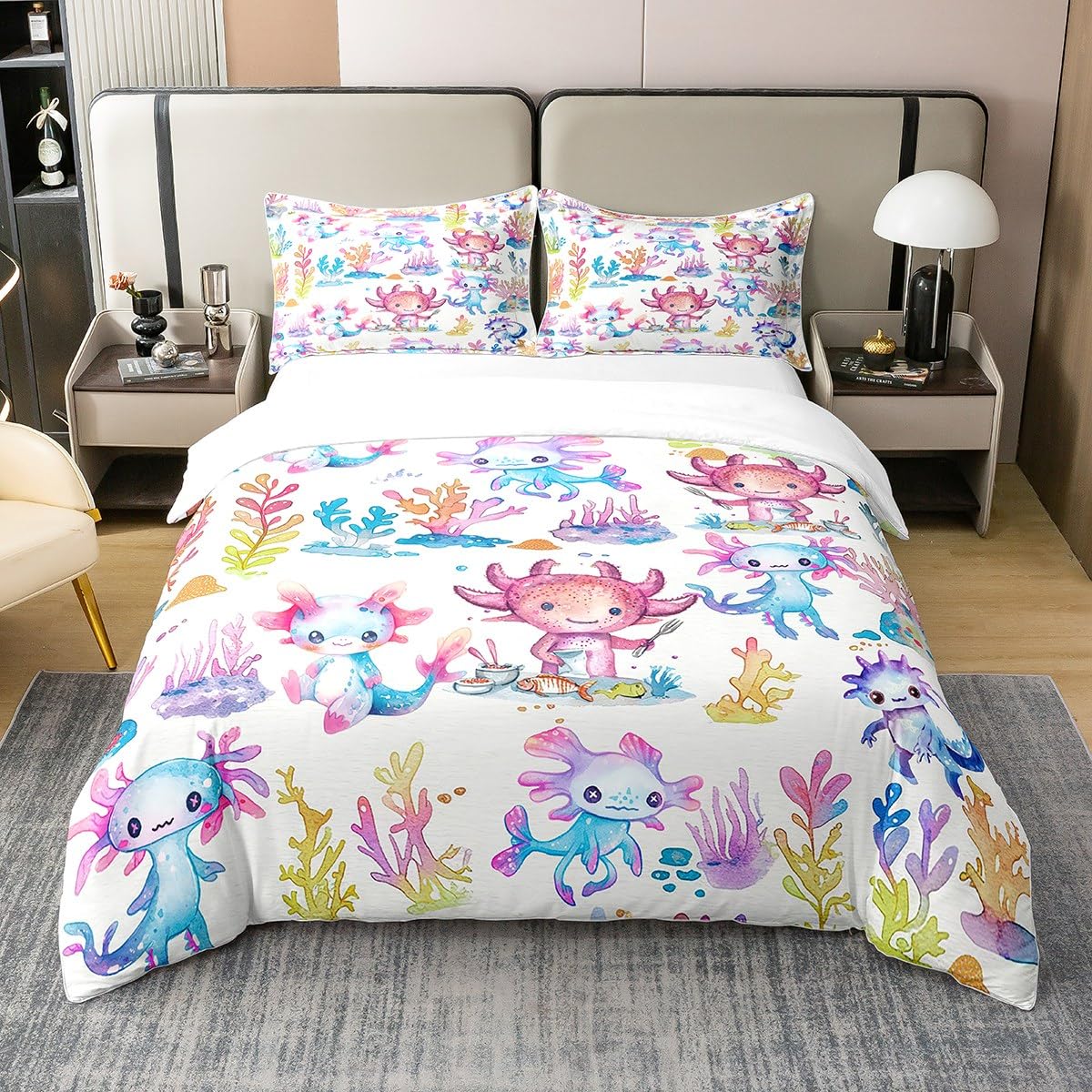Nette Axolotl 100% Baumwolle Bettwäsche Set 135x200 Kawaii Cartoon Axolotl Bett Set Seetang Coral Bettbezug Küsten Ozean Sealife Bettwäsche Abdeckung Schlafzimmer Dekor mit 1 Kissenbezug,Regenbogen