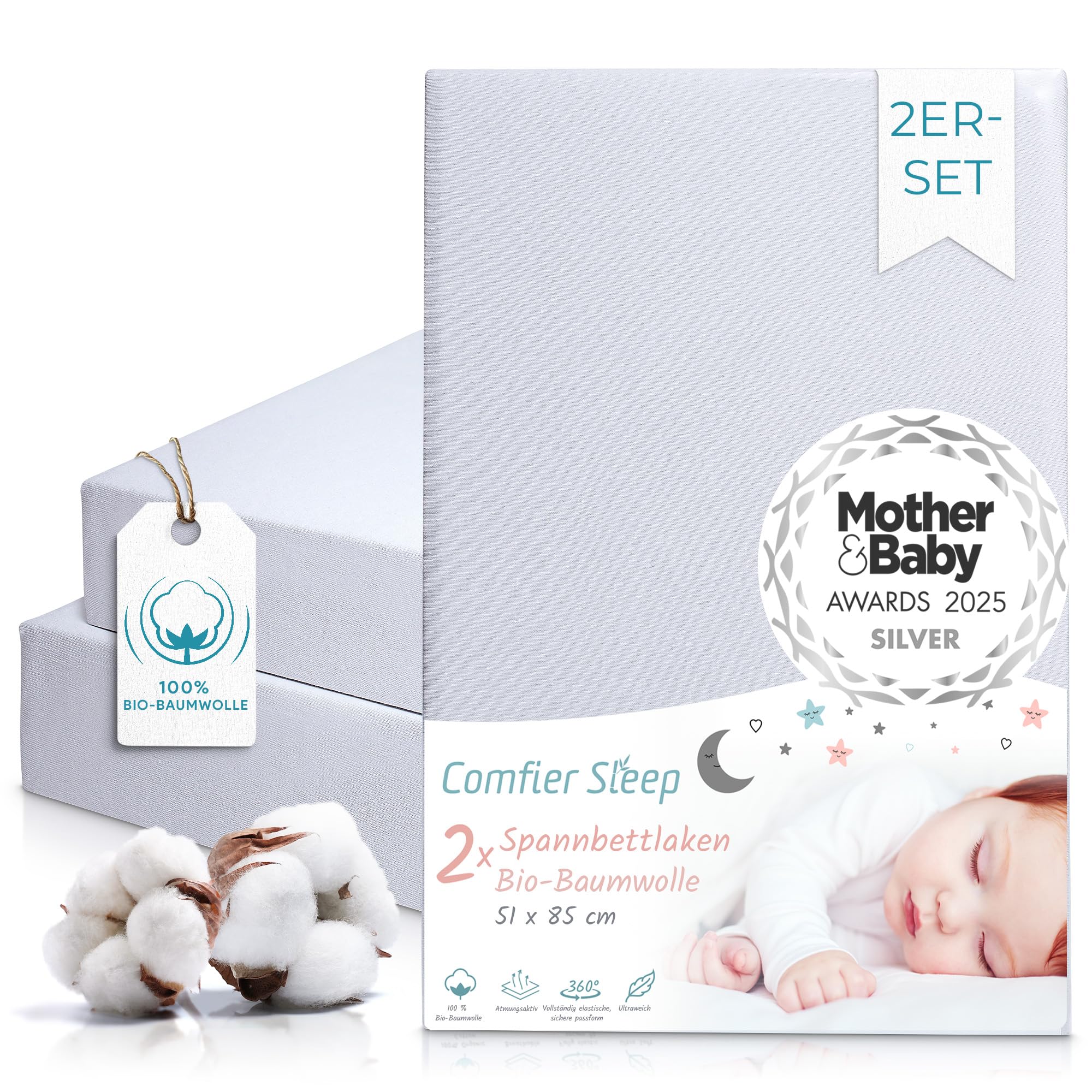 Spannbettlaken Kinderwagen 51x85 – 2er-Set Grau Spannbettlaken aus Bio-Baumwolle – Waschbar & Atmungsaktiv – für Kinderwagenmatratze