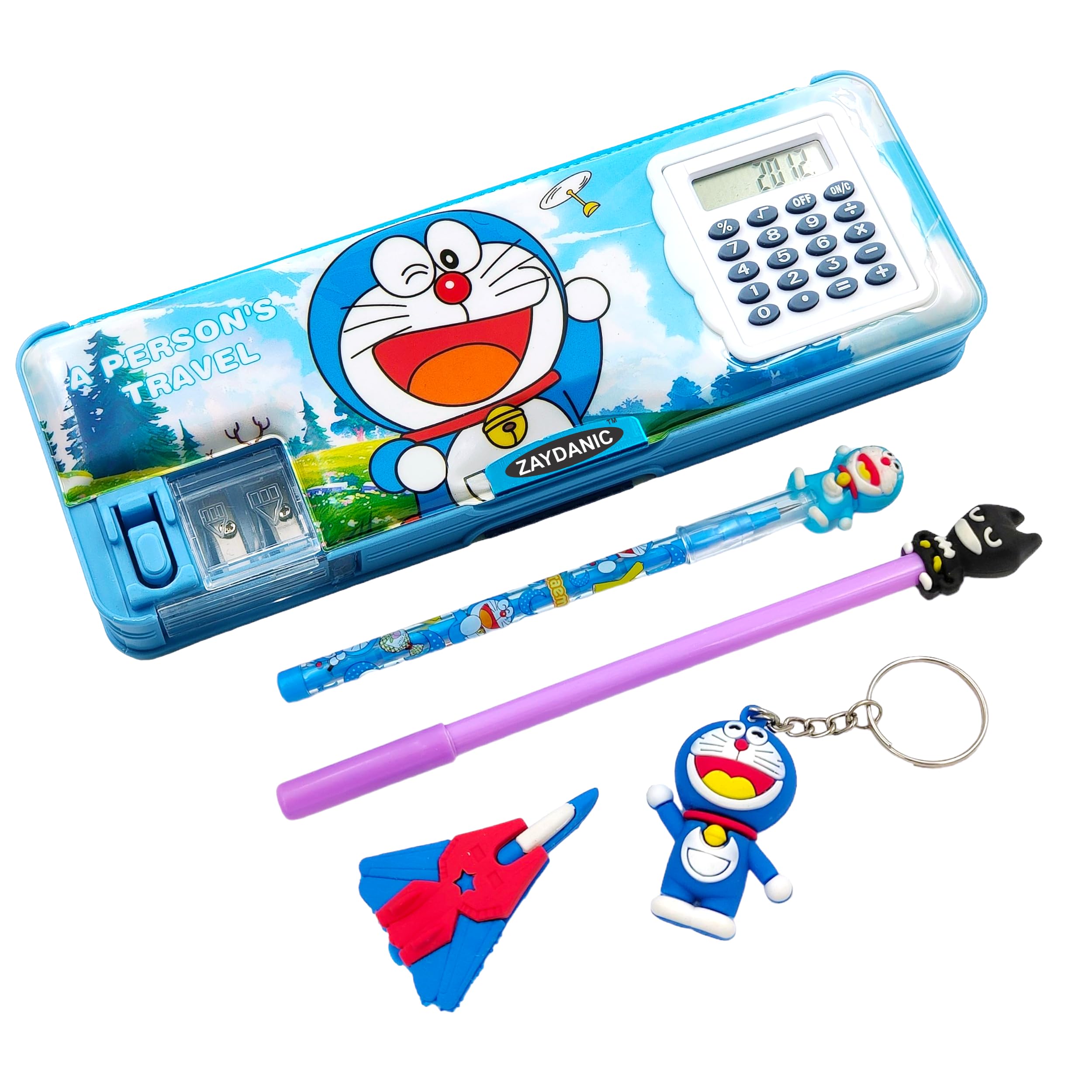 Doraemon Pencil Box Integrated Sharpener and Calculator, Magnetic Lock, Dual Compartments, Cartoon Stationery Case School Kit for Girls, Kids, Students Combo Set of 5in1