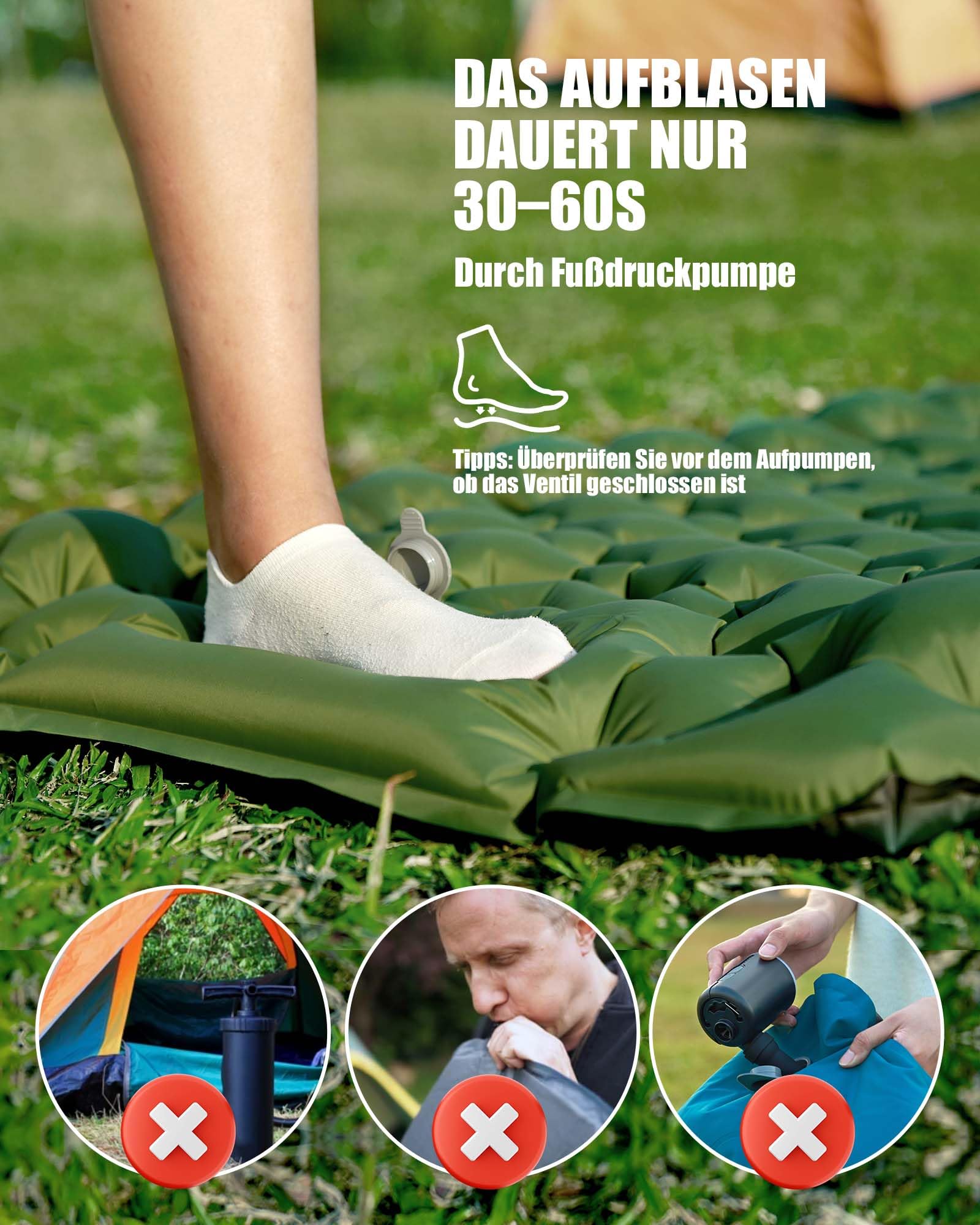 AKSOUL Colchoneta Autoinflable para Dormir para Acampar: Utraligero Esterilla Inflable Portatíl Colchón Individual, concon Bomba de Pie para Camping, Exteriores, Viaje