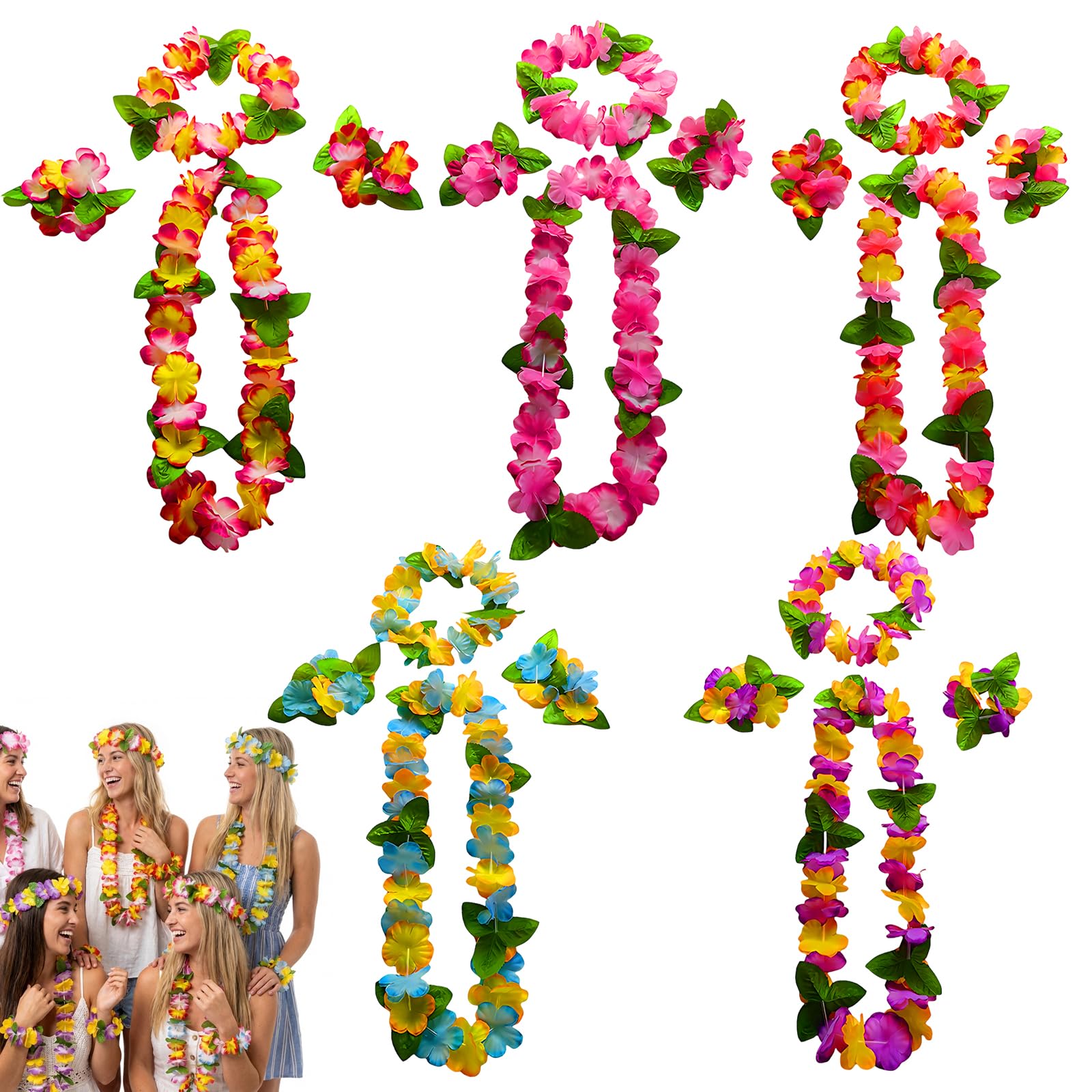 5 Set Hawaiian Party Decorations with 5 Flower Garlands, 5 Headband and 10 Bracelets Wristband, Pink Purple Blue Colour Hawaiian Flower Necklace, Summer Beach Tropica Party Decoration