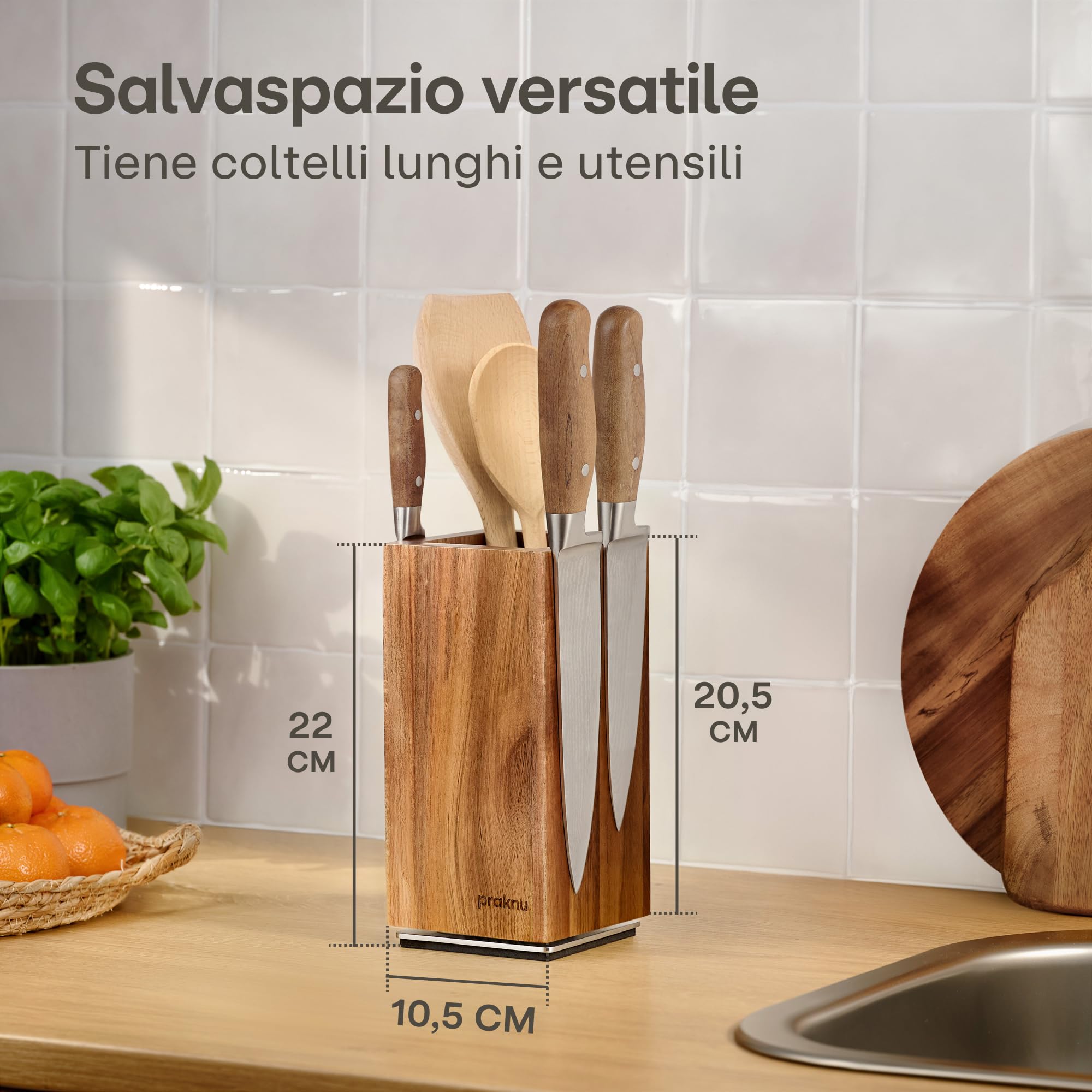 Praknu Ceppo Coltelli Magnetico - Girevole 360° Senza Coltelli - FSC® Legno di Acacia con Spazio per Utensili da Cucina - Forte Magnete su Entrambi i Lati - Antiscivolo