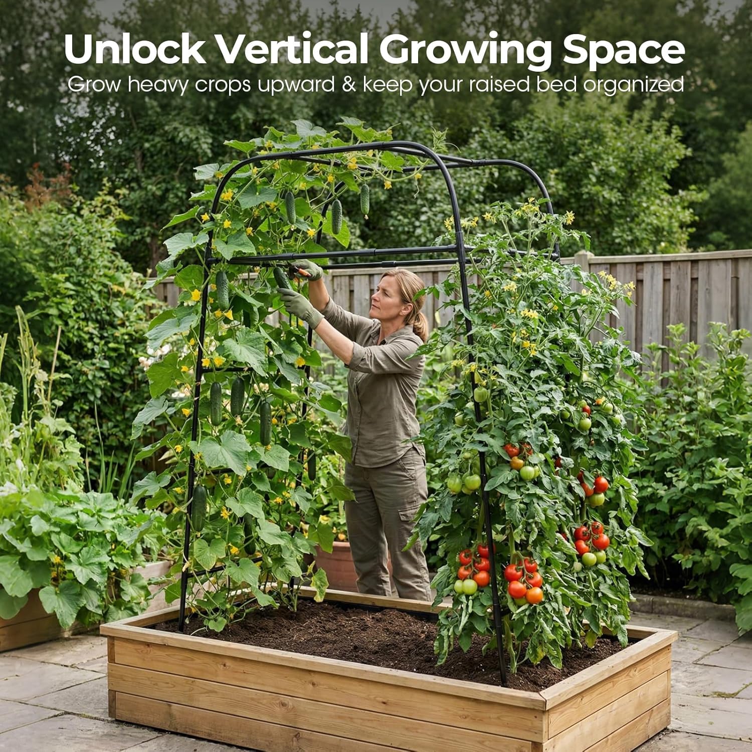 Garden Arch Trellis for Climbing Plants, 83" High Metal Cucumber Trellis & Tomato Cage, Rustproof Steel Tunnel Support for Squash, Pumpkin, Vegetables with Screw Fixation (32.3" L x 39.4" W)