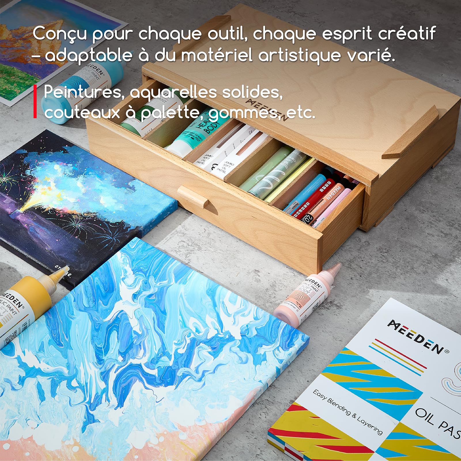 MEEDEN Boîte de rangement pour fournitures d'artiste : À 1 niveau, boîte à outils en bois massif de hêtre avec séparateurs amovibles – Rangement d'outils en tiroir pour fournitures de peinture