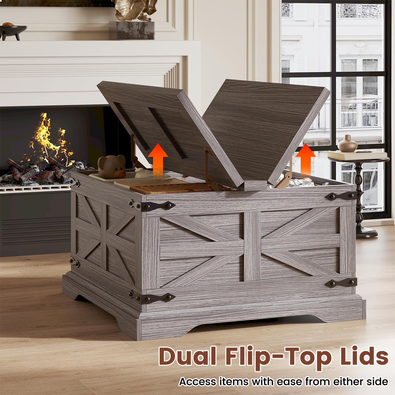 Farmhouse Coffee Table with Storage, Square Center Table for Living Room, Rustic, Hinged Lift Top Soft Close, Wood, Large Hidden Storage, Modern, Metal Corner, Grey