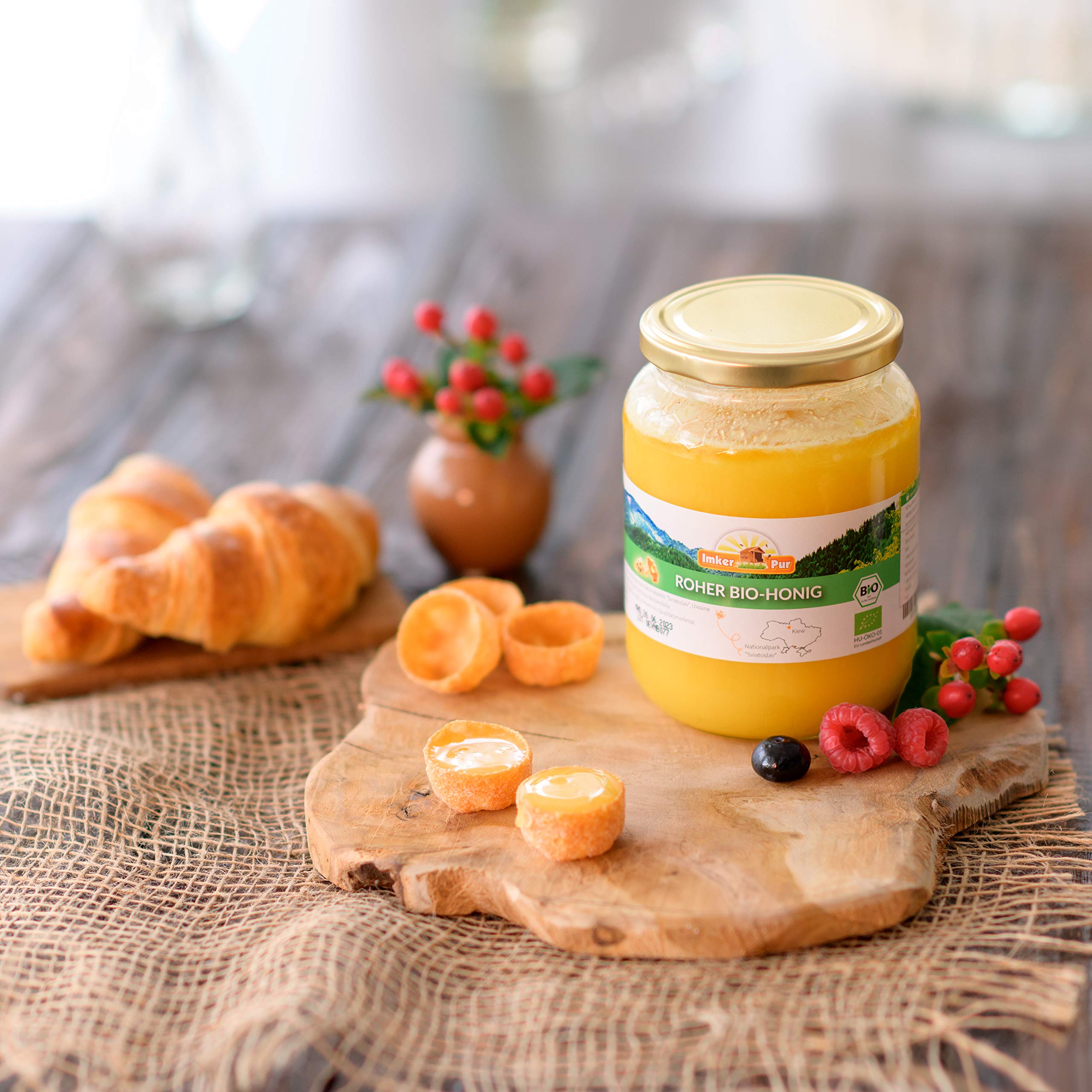 BIO Honig (roh) von ImkerPur, nicht geschleudert oder erhitzt, enthält Blütenpollen, Bienenwachs und andere natürliche Bestandteile (1000 g Roher Honig BIO)