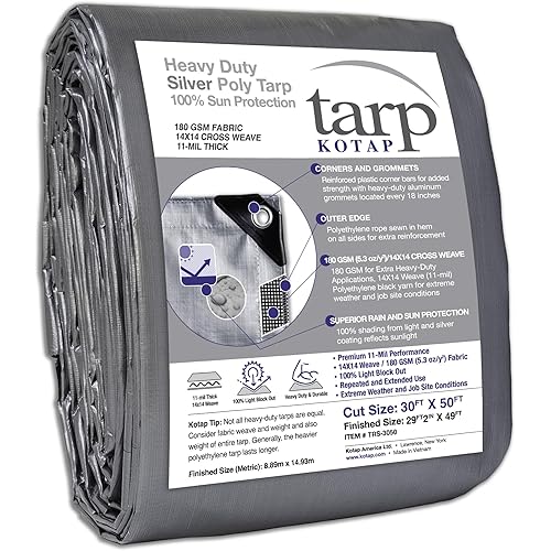 Kotap 30 x 50 Ft. Heavy-Duty Protection/Coverage Tarp, Superior Weave for Greater Longevity, 10-mil Multi-Use, Waterproof, TRS-3050, Silver (1-Pack)