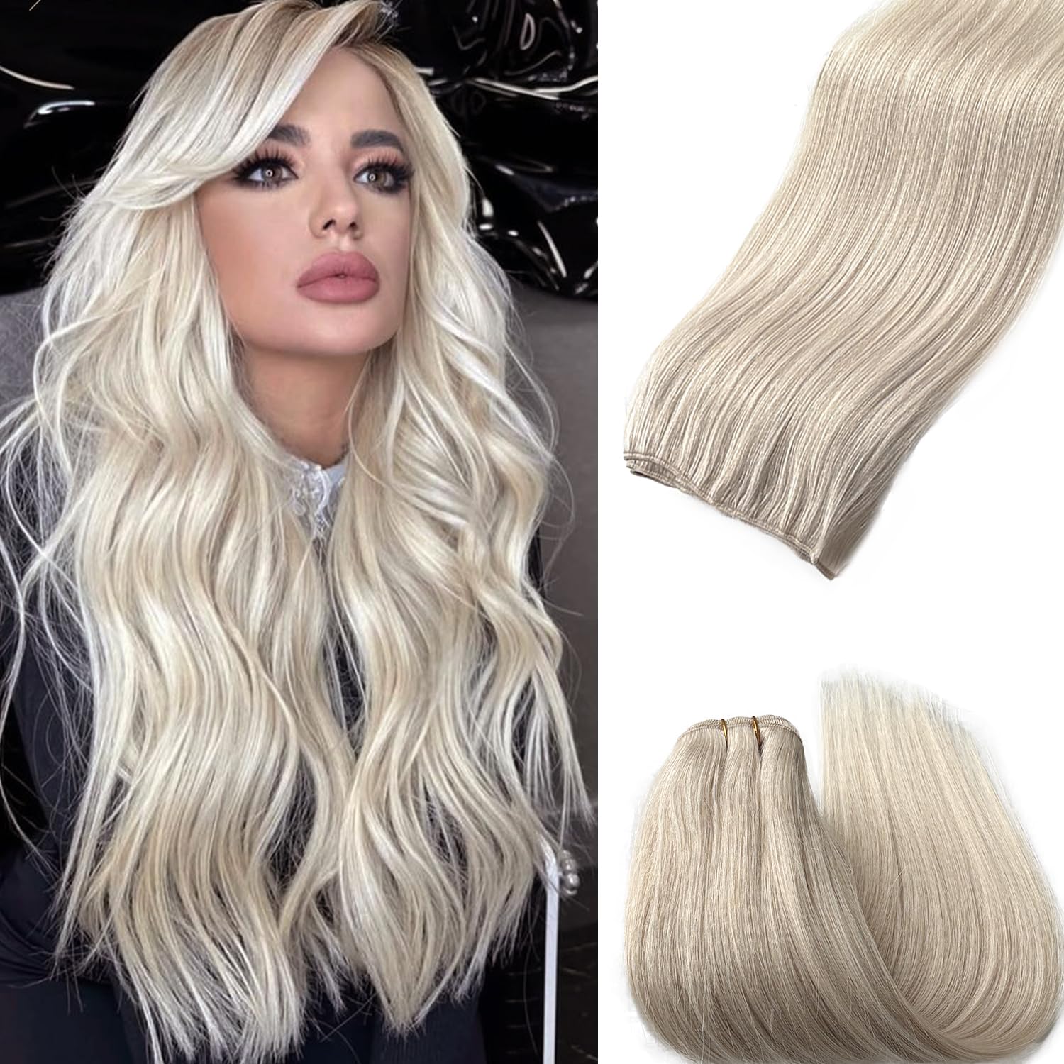 Photo 1 of 18 Inch Sew in Hair Extensions Real Human Hair Color Platinum Blonde Weft Hair Extension Human Hair Sew ins Remy Human Hair 100G