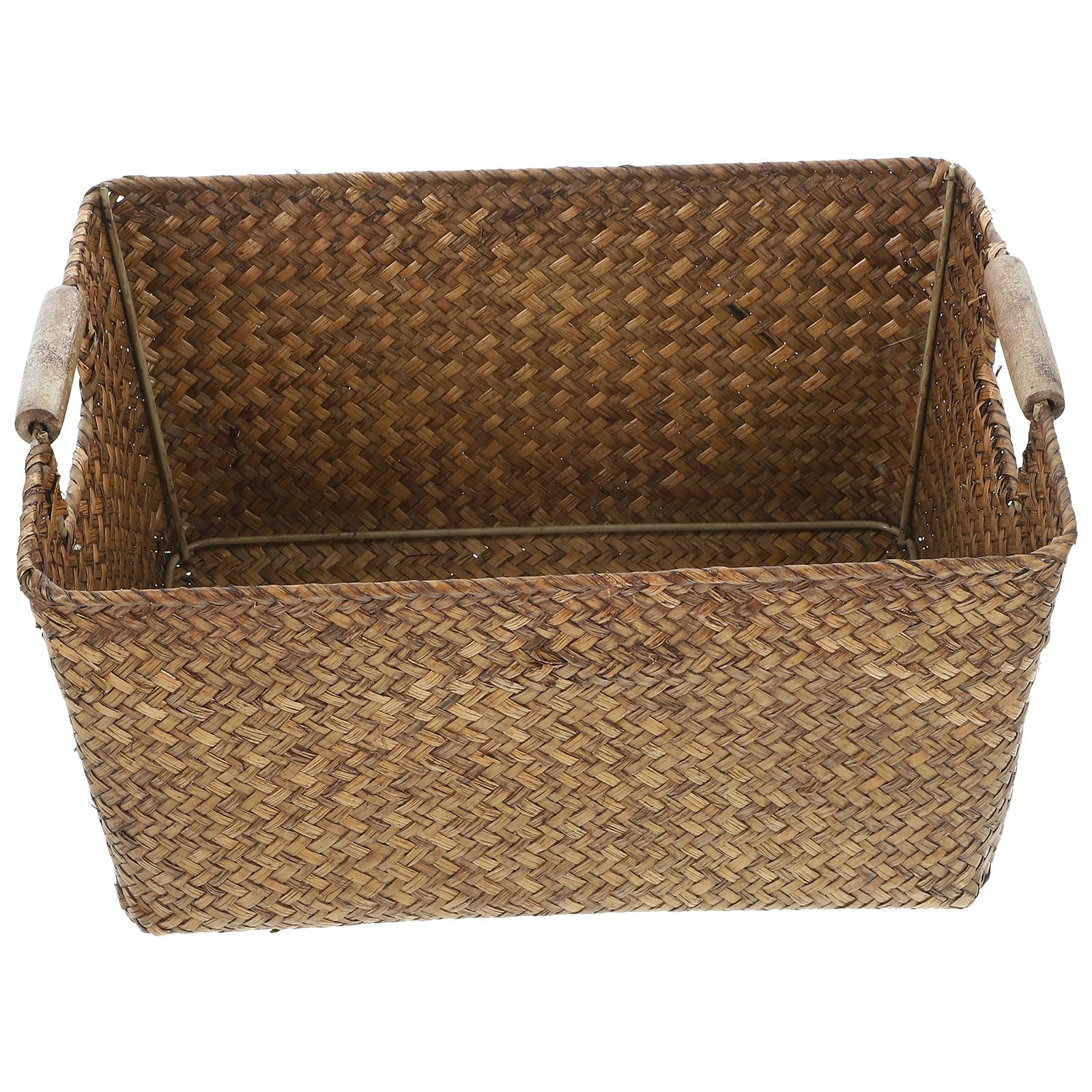 USHOBE Caja Organizadora Rectangular de Hierba Marina y Madera, Cesta Tejida Natural para Almacenamiento Multifuncional en Dormitorio o Tienda