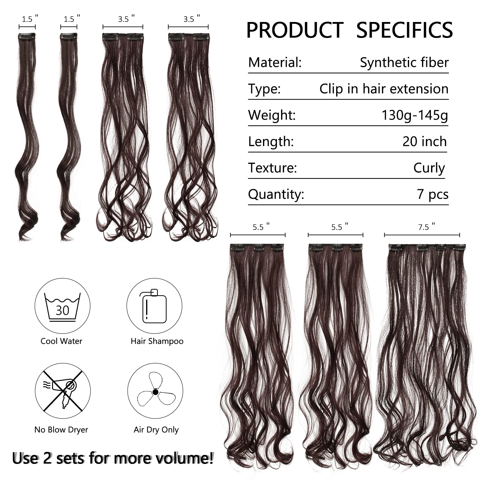 FESHFEN Clip in Hair Extensions 7 PCS Full Head 20 inch Curly Wave Synthetic Clip Hair Piece Wavy Hairpiece for Women Girls 3