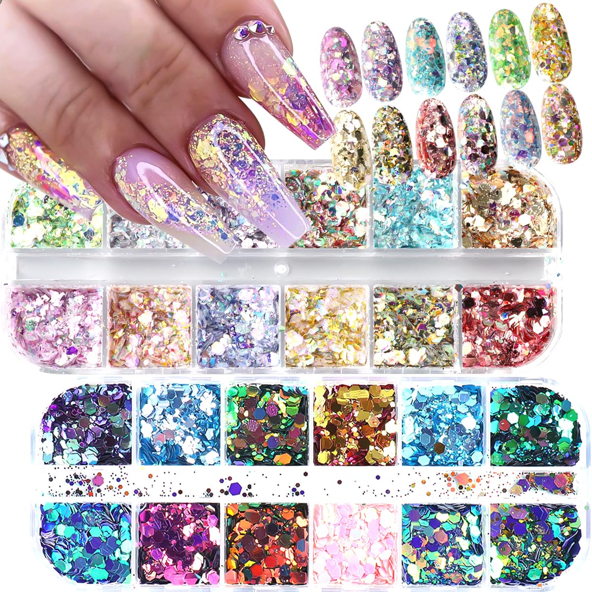2 Boxes 24 Colors Holographic Nail Glitter Sequins 3D Iridescent Flakes Chunk...