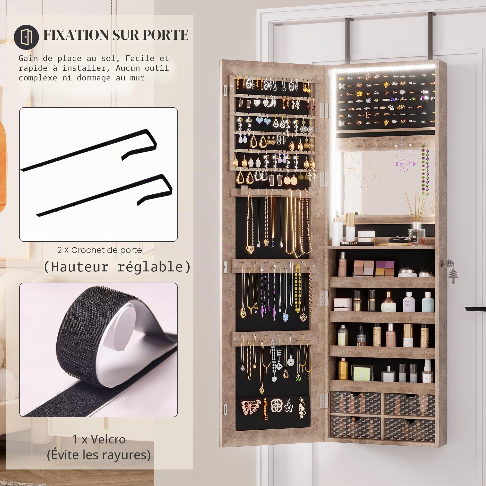 Vlsrka LED Armoire à bijoux avec Miroir, Mural/Porte Armoire à bijoux avec 3 Lumières, Miroir pleine longueur avec bijoux rangement Verrouillable, Armoire bijoux miroir éclairé avec étagères, Bois