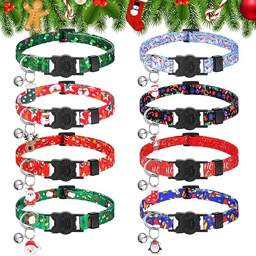 Abbylike 8 Pcs Christmas Cat Collars Breakaway Holiday Cat Collars with Bell Adjustable Snowflake Snowman Safety Kitten Collars with Buckle Cat Collar Accessories for Xmas Small Animal Pets