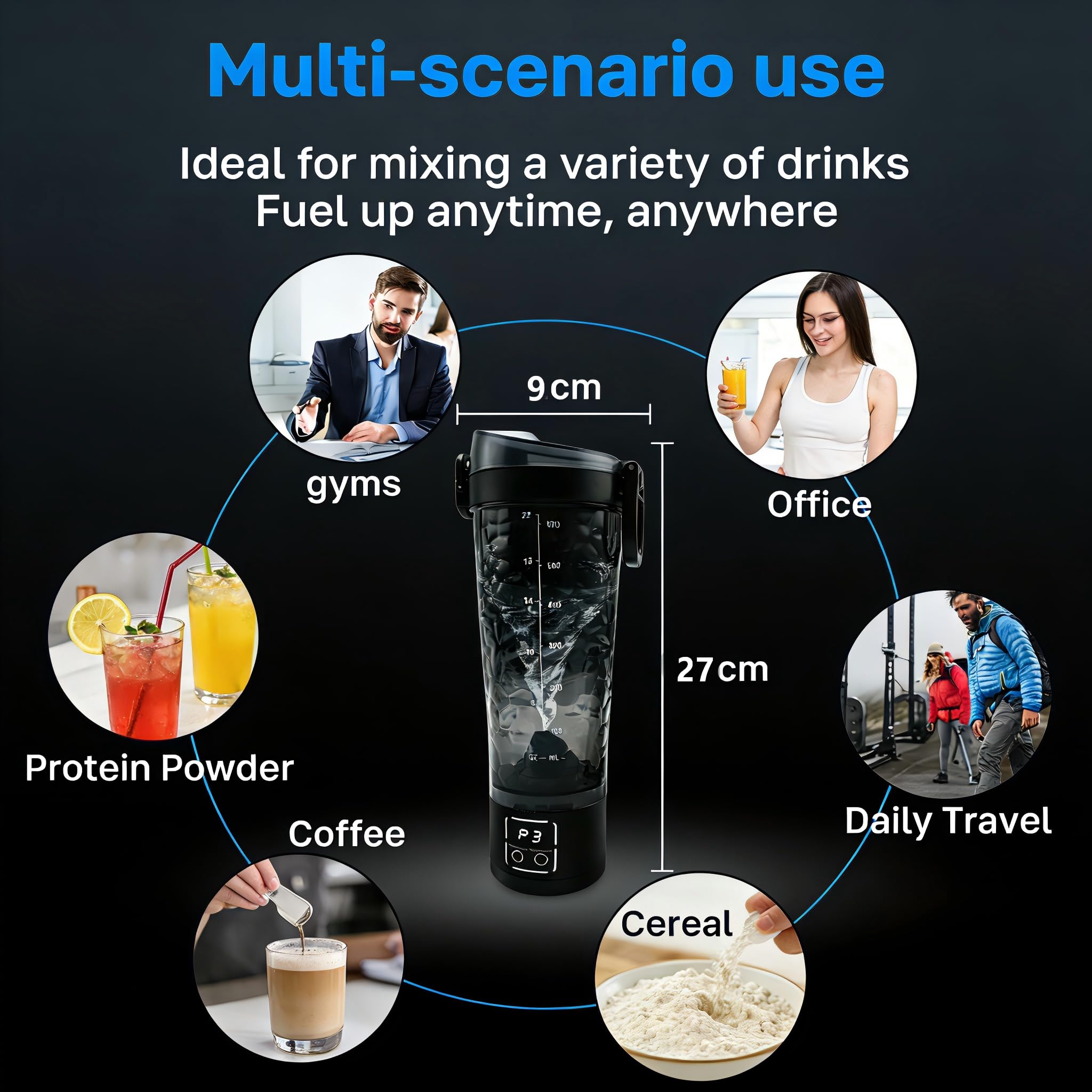Bottiglia shaker elettrica per proteine, 700 ml, ricaricabile tramite USB, portatile, frullatore, 15 secondi, senza grumi, a tenuta stagna e silenziosa, per palestra/viaggi (nero)