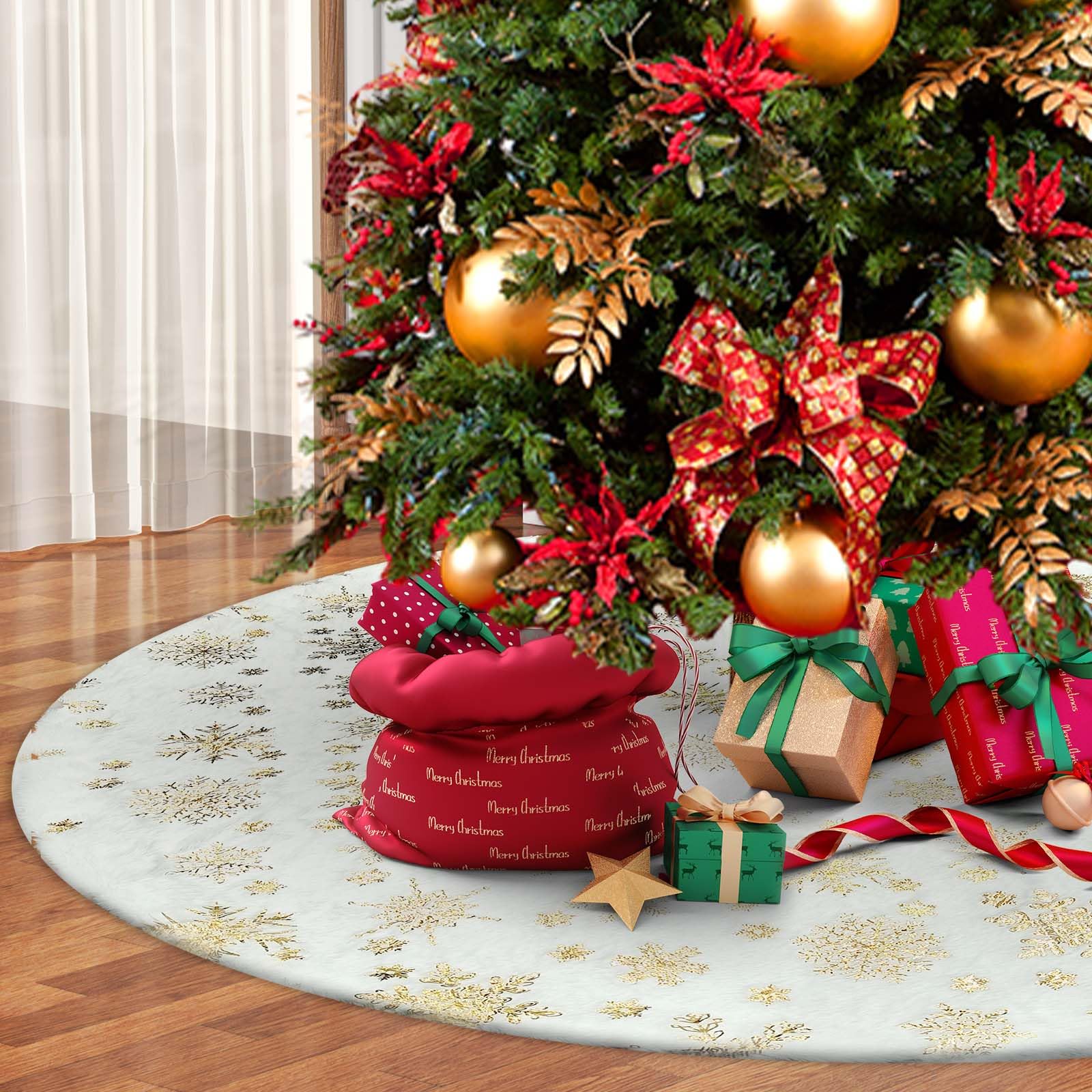 Christmas Tree Skirt, 36inch White Christmas Tree Skirt for Christmas Decorations & New Year Party Holiday Home Decorations (Golden Snowflake)