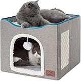 Bedsure Cat Beds for Indoor Cats - Large Cat Cave for Pet Cat House with Fluffy Ball Hanging and Scratch Pad, Foldable Cat Hideaway, 16.5x16.5x13 inches, Grey Grey Single