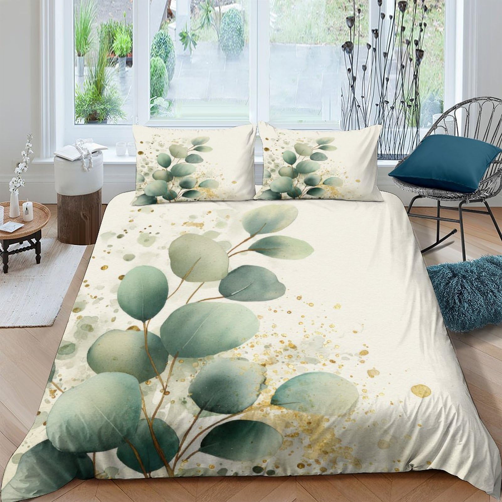 GPLZQXKJNH 3D Printed Eucalyptus Leaf Duvet Cover Microfiber Soft Breathable Green Botanical Bedding Set with 2 Pillowcases for Bedroom Decor Single（135x200cm）