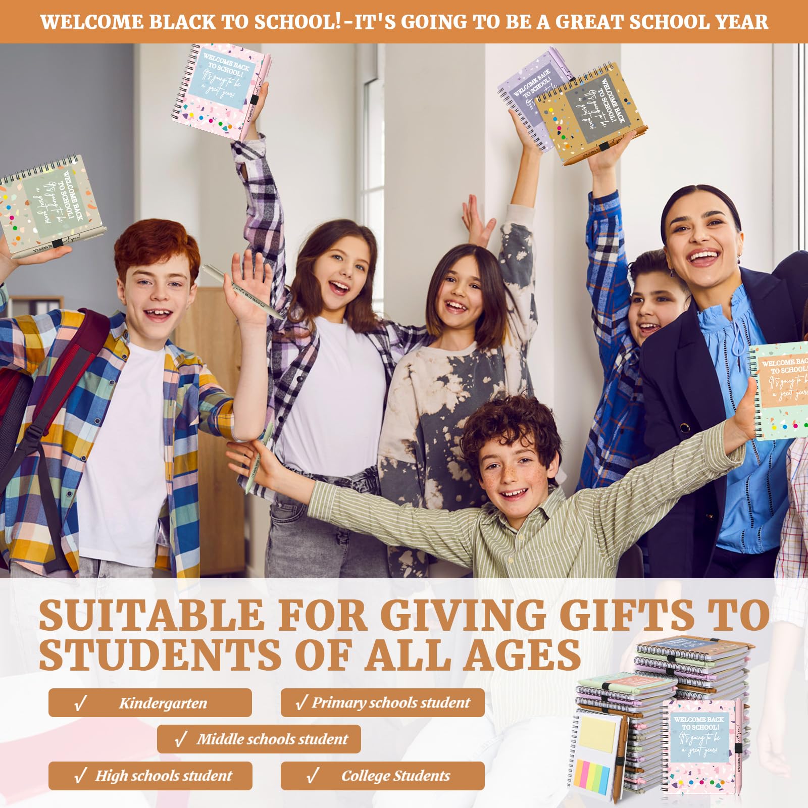 Dunzoom 40 Stück Willkommensgeschenke zum Schulanfang, Großpackung, 20 Notizbücher mit Haftnotizblock-Tabs, 20 inspirierende Stifte-Set für Lehrer, Studenten, Belohnung (Terrazzotöne, mehrfarbig)