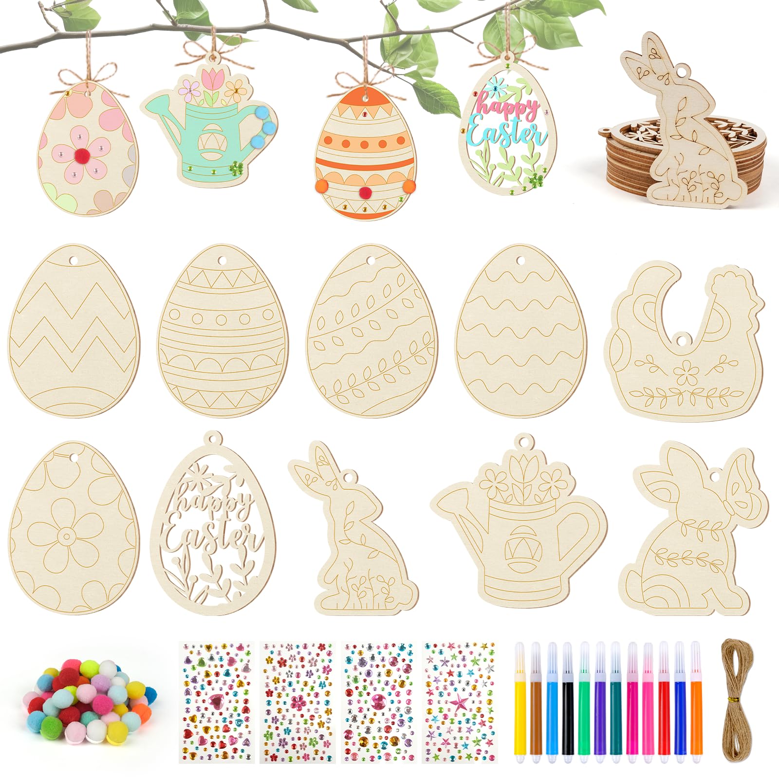 ARTREE Ostern Bastelset Kinder Holz Anhänger zum Bemalen – 30 Stk DIY Osterdeko & Frühlingsdeko Bastelset mit Stiften, Stickern & Pompons – Hängeschmuck für Osterbaum, Fenster, Schule & Zuhause